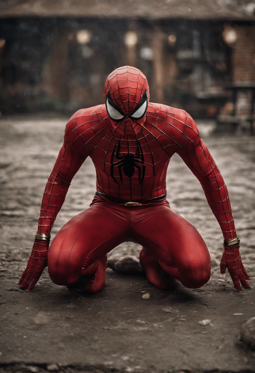 Realistic, detailed, Luffy one piece, wearing Spiderman suit, standing, full body