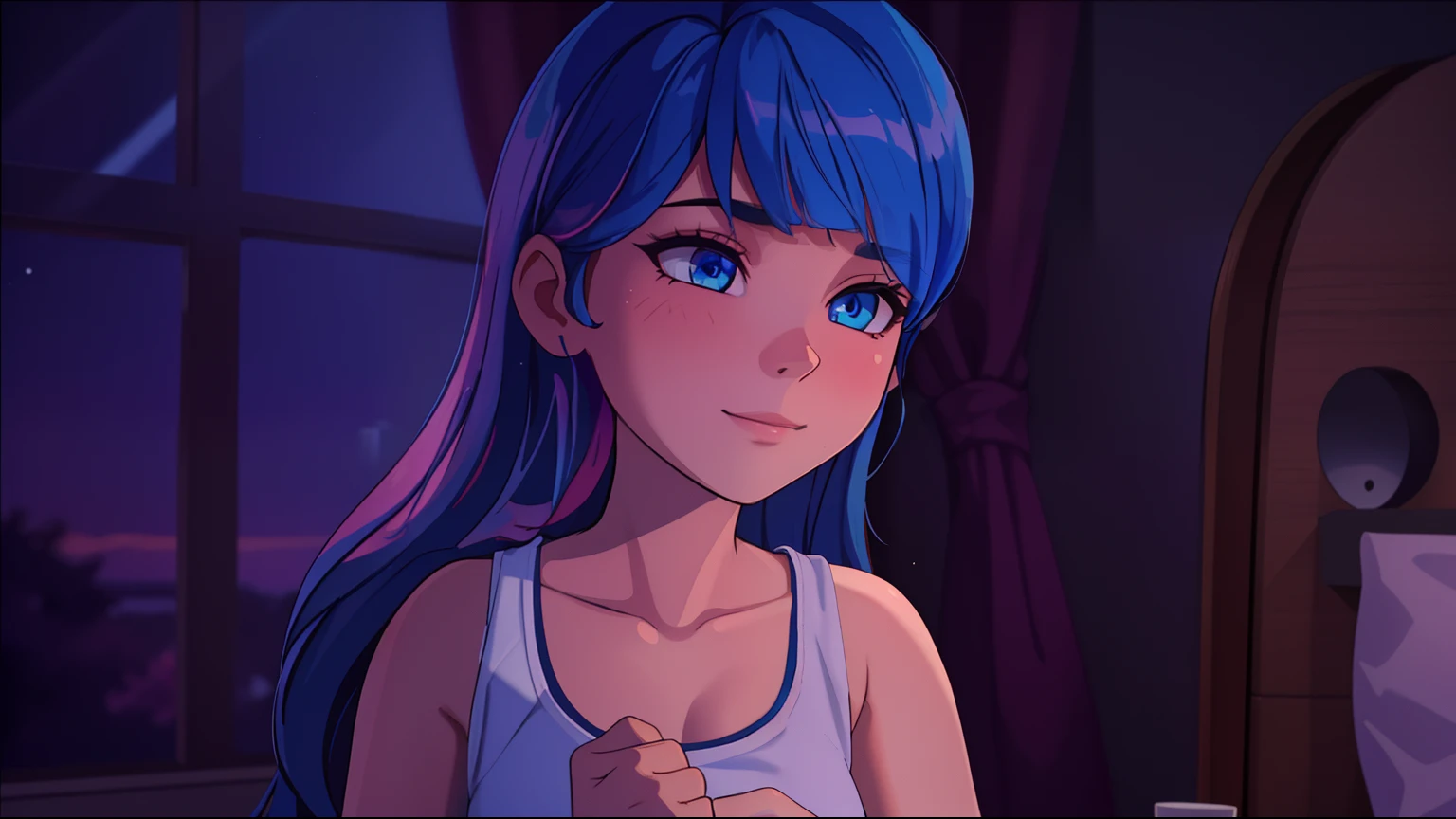 (8k, RAW photo, best quality, masterpiece:1.2), (intricate details), perfect eyes, perfect face, perfect lighting, beautiful, (masterpiece:1.2), (best quality:1.2), 1girl, solo, marinette, blue hair, ((long hair down)), adult torso, 17 years old, slight smile, medium sized breasts, (white sleeveless shirt, pink sweatpants), cowboy shot, 3DMM