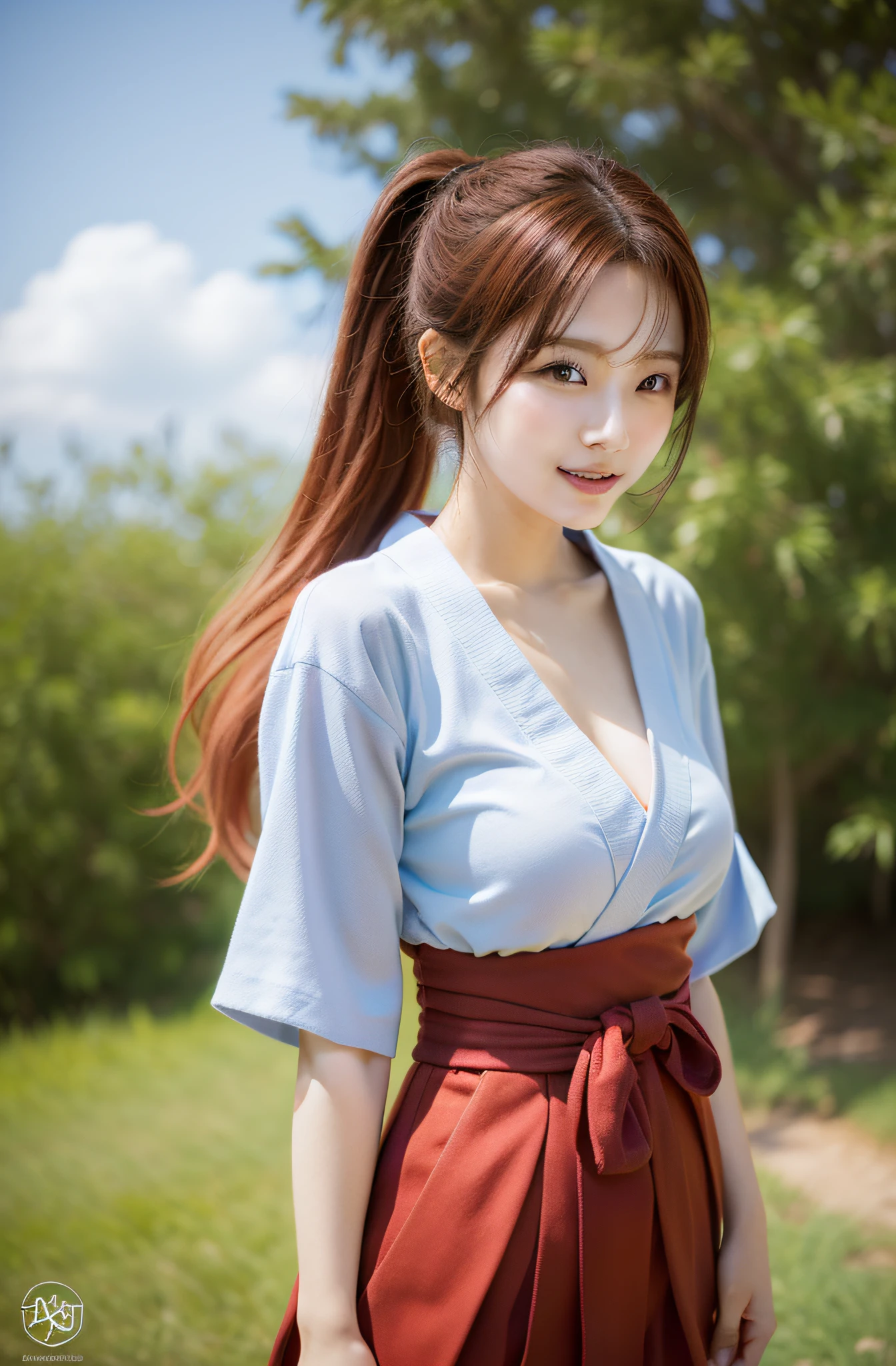 red hairs、red clothing、having katana、Create a photorealistic image of Ai Kamei cosplaying Kenshin Himura (Kenshin Ayamura) from a "Rurouni Kenshin." Be sure to capture the following details:
Cross-shaped scar on the left cheek
Her red hair was tied in a high ponytail
She should wear a loose red kimono
Gripping the sword of the reverse blade (Banba)
Her physique should be thin and lean
Her attitude should be calm and calm
Her eyes should be purple
She should be wearing a red hakama (Traditional pants)
Because Kenshin is typical、She must be barefoot
Make sure you have a characteristic X-shaped scar on the back of your left hand
Images must be photorealistic and of the highest quality, And Kamei Ai should be bright, White smile.