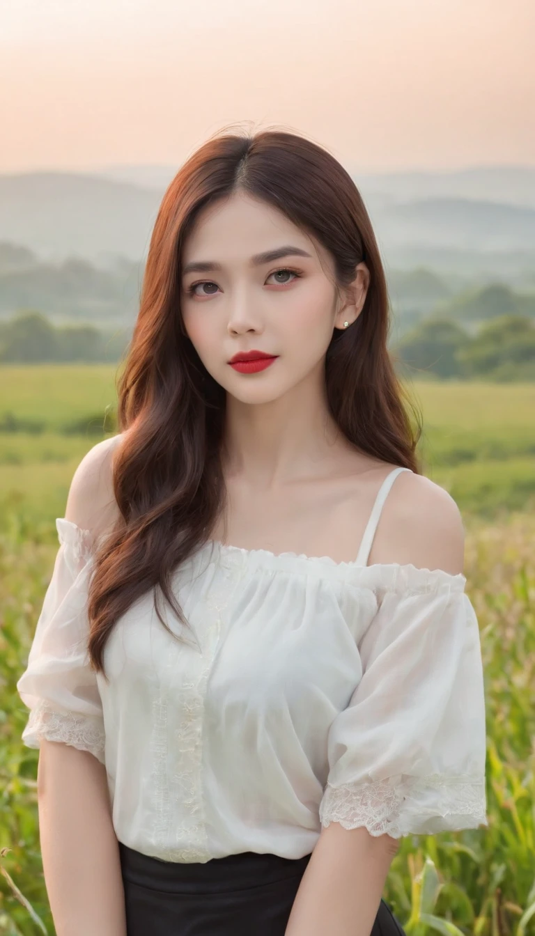 ((Best Quality, 8k, Masterpiece:1.3)), a beautiful girl, pure, melon face, gentle and cute, thin figure, frontal, tilted head, ((dewy shoulder short T-shirt, sports shorts)), black silky hair, long hair shawl, round black big eyes, clear big eyes, ((moist red lips)), (lipstick), (blush), ((rosy skin)), sweet, blue sky and white clouds, grassland, grassland background,