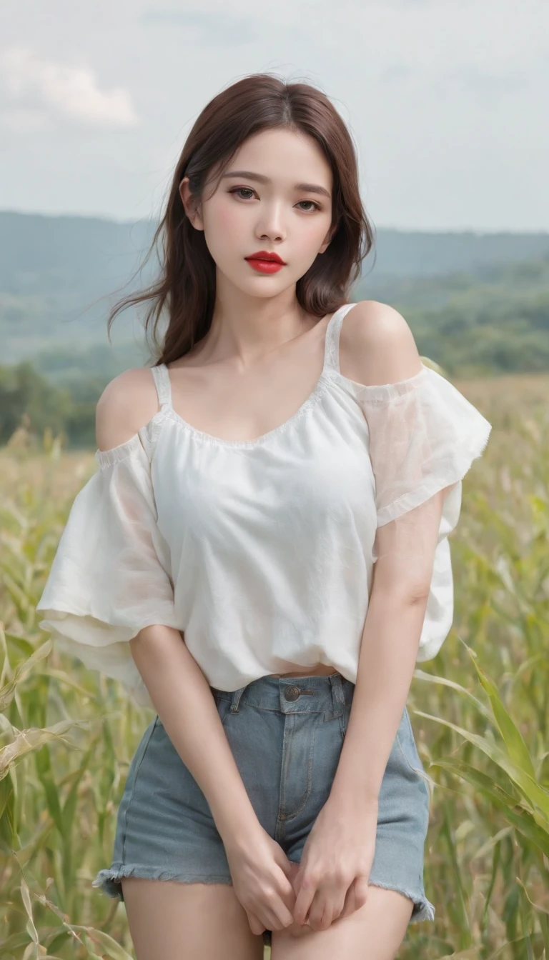 ((Best Quality, 8k, Masterpiece:1.3)), a beautiful girl, pure, melon face, gentle and cute, thin figure, frontal, tilted head, ((dewy shoulder short T-shirt, sports shorts)), black silky hair, long hair shawl, round black big eyes, clear big eyes, ((moist red lips)), (lipstick), (blush), ((rosy skin)), sweet, blue sky and white clouds, grassland, grassland background,