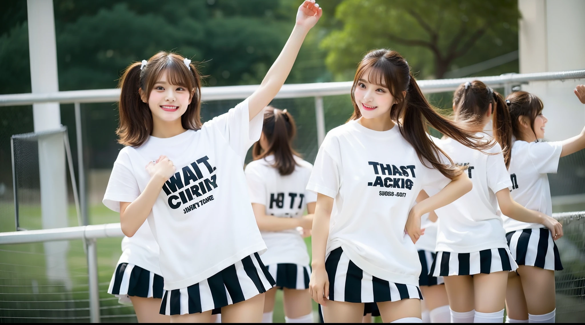 Miniskirt cheer girl in white t-shirt