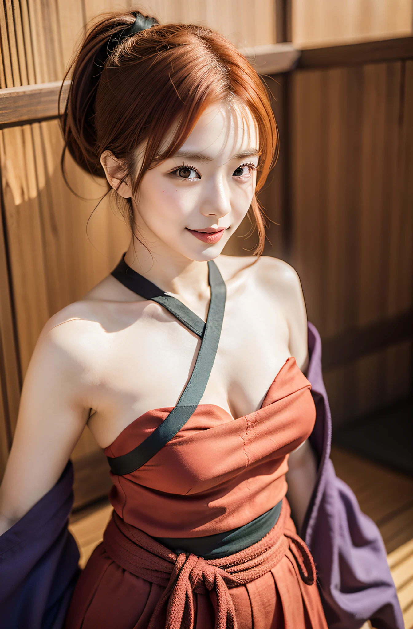 red hairs、red clothing、having katana、Create a photorealistic image of Ai Kamei cosplaying Kenshin Himura (Kenshin Ayamura) from a "Rurouni Kenshin." Be sure to capture the following details:
Cross-shaped scar on the left cheek
Her red hair was tied in a high ponytail
She should wear a loose red kimono
Gripping the sword of the reverse blade (Banba)
Her physique should be thin and lean
Her attitude should be calm and calm
Her eyes should be purple
She should be wearing a red hakama (Traditional pants)
Because Kenshin is typical、She must be barefoot
Make sure you have a characteristic X-shaped scar on the back of your left hand
Images must be photorealistic and of the highest quality, And Kamei Ai should be bright, White smile.