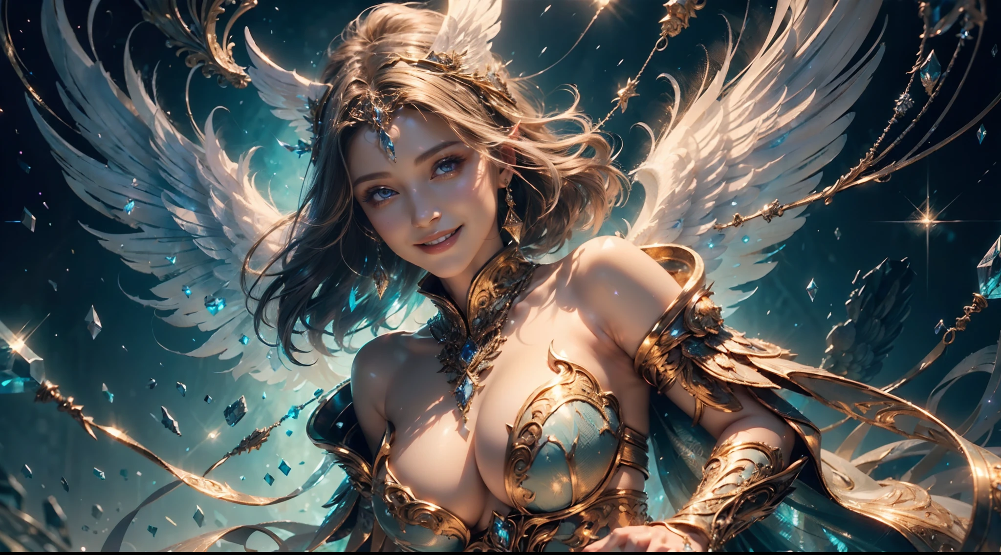 (Smile:1.3), Female angel, Angel wings, Large breasts，Complex surface details, Crystalcore, Bejeweled, Delicate close-up dress, Highly detailed fantasy characters, Amazing community, intricately ornamented, detailed fantasy digital art,