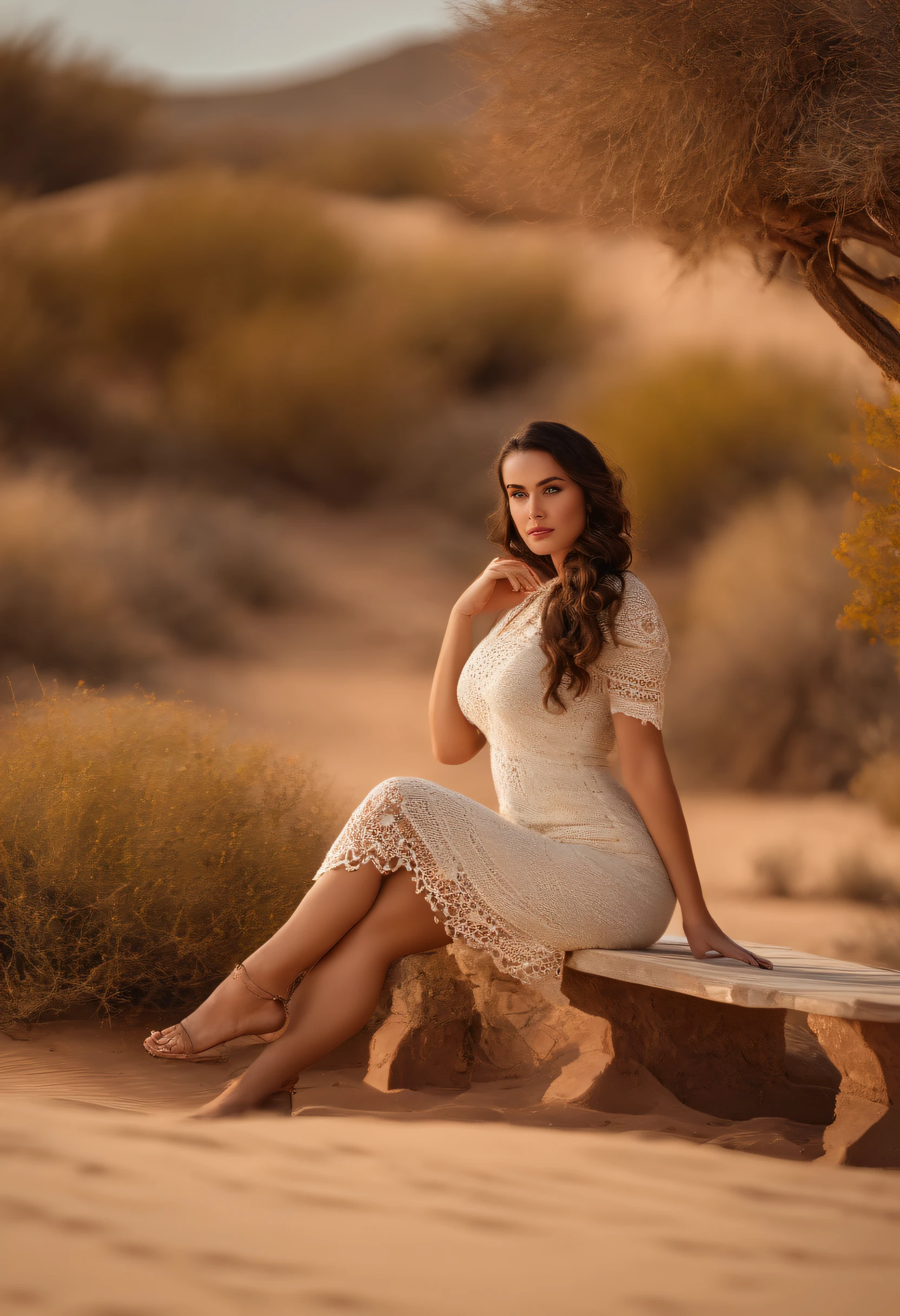 Chubby woman in a crochet midi dress sitting on a bench in the desert, Retrato de Sophie Mudd, Foto retrato 8K suave, graceful woman curvy medium body, 33 years old with medium length wavy black hair. sensual, suave e intrincado, ethereal beauty, close-up meio corpo, modelo jovem bonita, Anna Nikonova, also known as Newmilky, close up corpo disparado, mulher jovem sensual, belo rosto delicado, na areia, seios grandes, vestido caindo, Fotografia Glamourosa 4K