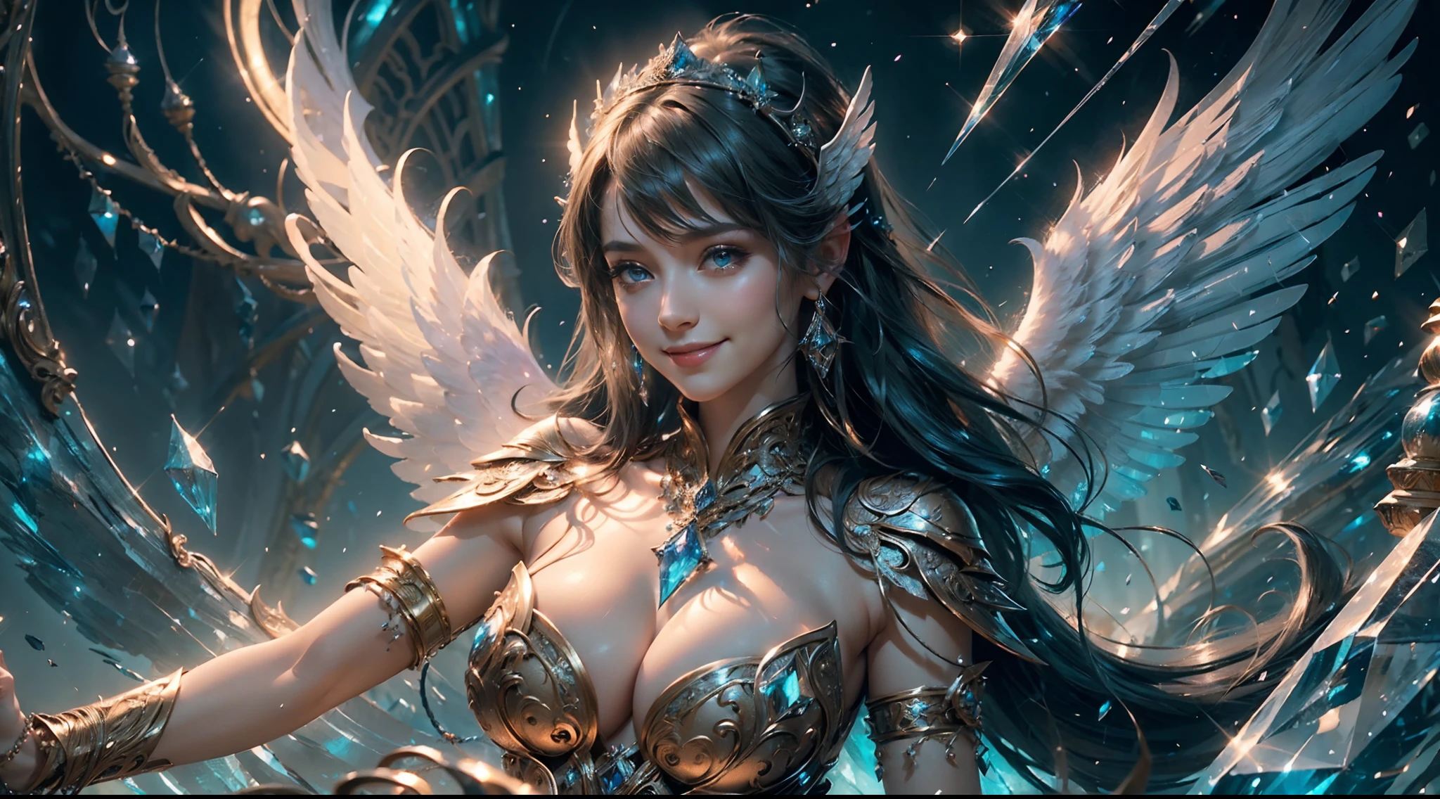 (Smile:1.3), Female angel, Angel wings, Large breasts,Complex surface details, Crystalcore, Bejeweled, Delicate close-up dress, Highly detailed fantasy characters, Amazing community, intricately ornamented, detailed fantasy digital art,