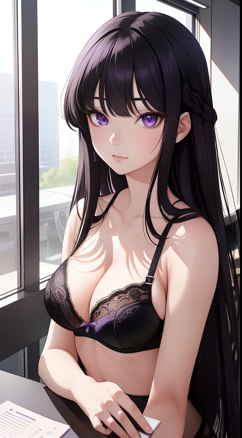 (Best Quality:1.1), (masutepiece:1.2), High quality shadows, Beautiful detailed, Beautiful face, Detailed eyes, depth of fields, hight resolution, Best Shadow, Best Illumination, 1girll, view the viewer, Black hair, Blunt bangs, Long hair, Purple eyes, Shy, Large breasts, Purple panties and bra、Underwear、 Office Lady, cleavage、In the office