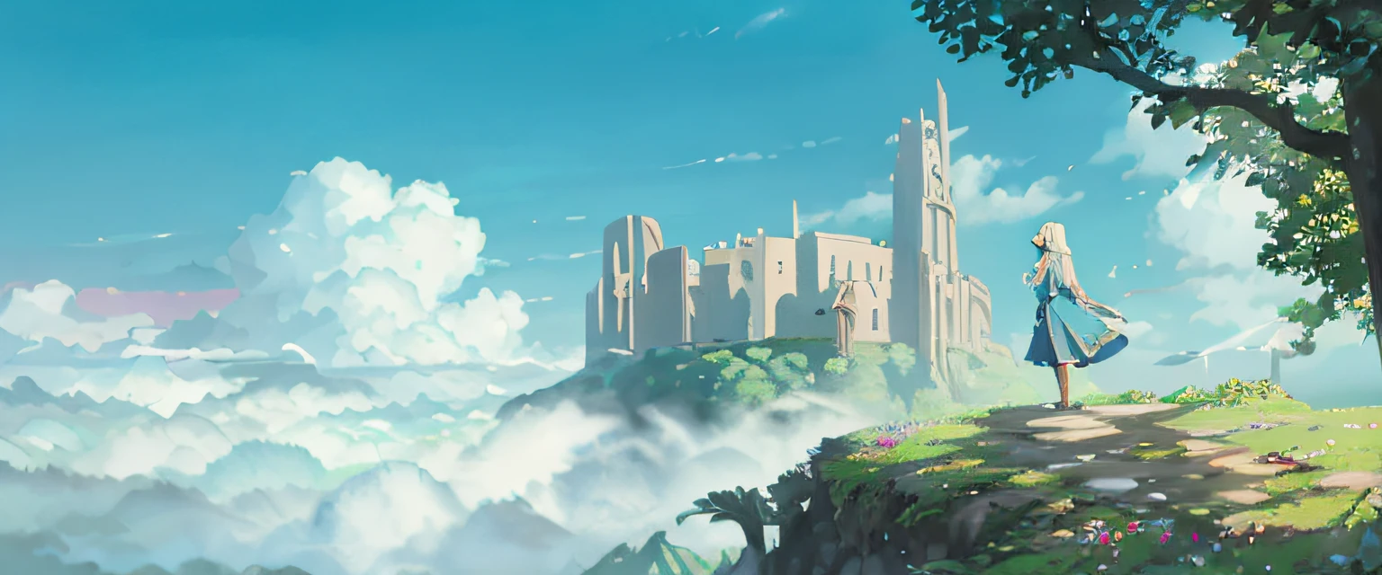 An elven girl stands on the grass in the foreground,Behind it is a vast blue sky and faint clouds, arte de fundo, Estilo de Makoto Shinkai,painterly concept art, Anime landscape concept art, floating city on clouds, city ruins background