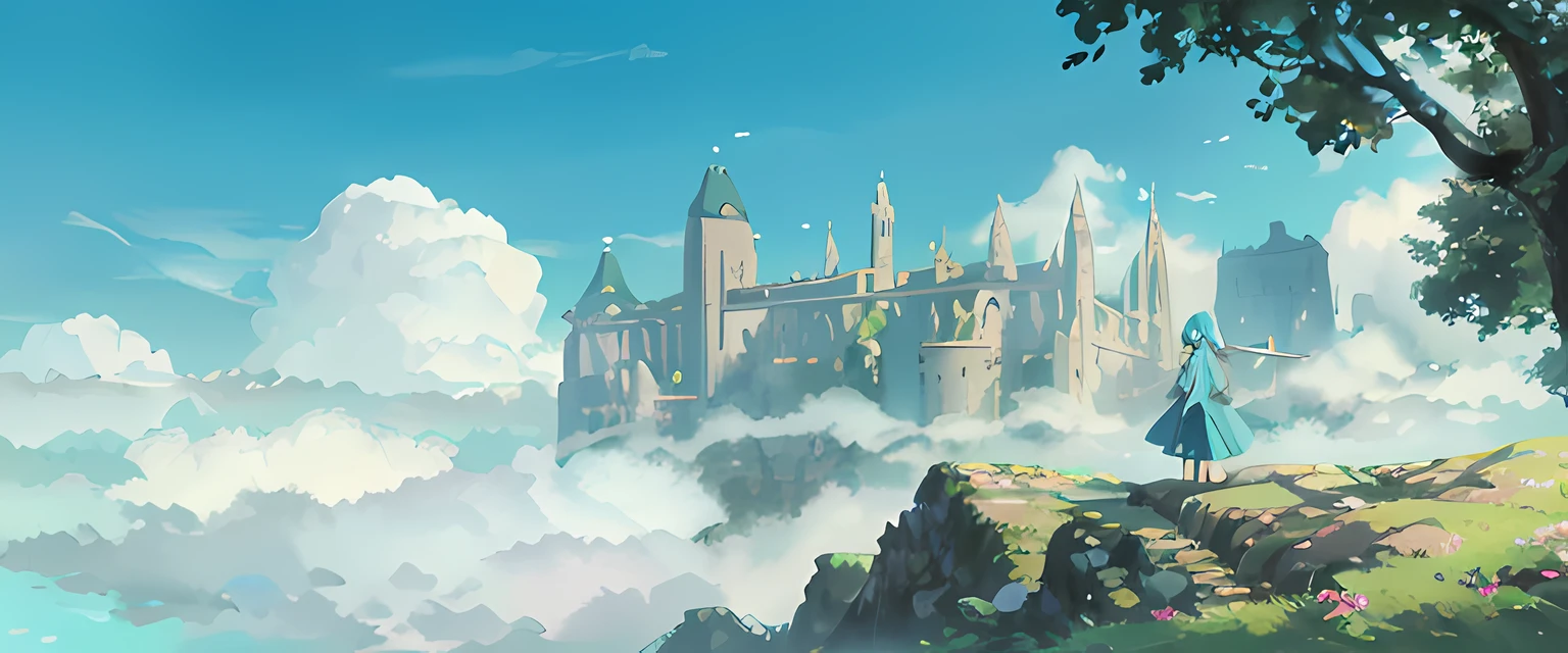 An elven girl stands on the grass in the foreground,Behind it is a vast blue sky and faint clouds, arte de fundo, Estilo de Makoto Shinkai,painterly concept art, Anime landscape concept art, floating city on clouds, city ruins background
