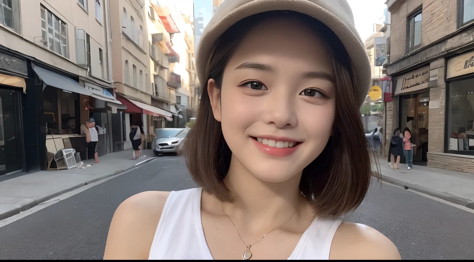 ((Best Quality, 8K, masutepiece: 1.3)), (Newsboy Hat: 1.3), Focus: 1.2, Perfect Body Beauty: 1.4, Buttocks: 1.2, (Layered Haircut: 1.2)), (Dark Street: 1.3), Highly detailed face and skin texture, Full body, Fine eyes, Double eyelids, Whitened skin, Long hair, (Round face: 1.5), (Loose crop top, Shorts: 1.6)、Smile with closed mouth