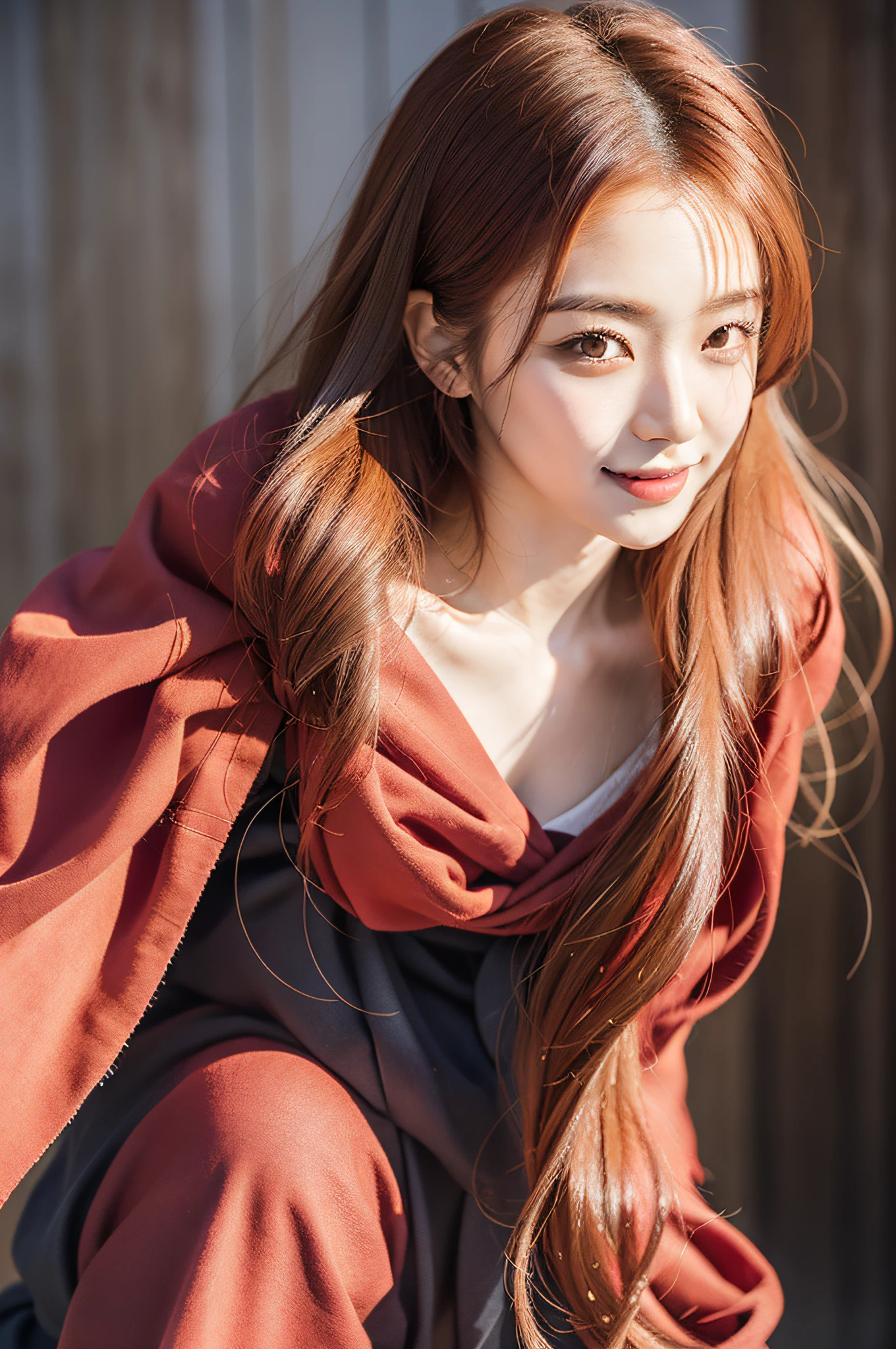 red hairs、red clothing、having katana、Create a photorealistic image of Ai Kamei cosplaying Kenshin Himura (Kenshin Ayamura) from a "Rurouni Kenshin." Be sure to capture the following details:
Cross-shaped scar on the left cheek
Her red hair was tied in a high ponytail
She should wear a loose red kimono
Gripping the sword of the reverse blade (Banba)
Her physique should be thin and lean
Her attitude should be calm and calm
Her eyes should be purple
She should be wearing a red hakama (Traditional pants)
Because Kenshin is typical、She must be barefoot
Make sure you have a characteristic X-shaped scar on the back of your left hand
Images must be photorealistic and of the highest quality, And Kamei Ai should be bright, White smile.