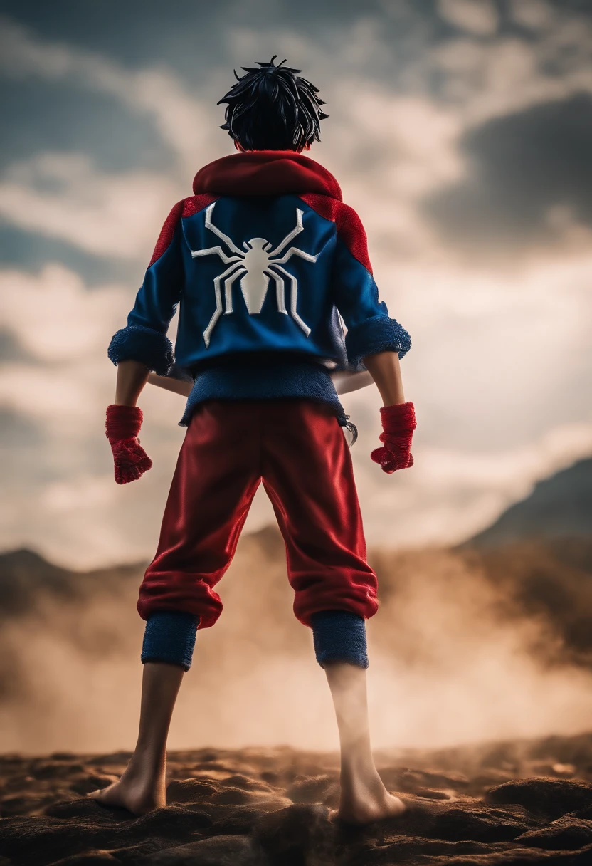 Realistic, detailed, Luffy one piece, wearing Spiderman suit, standing, full body