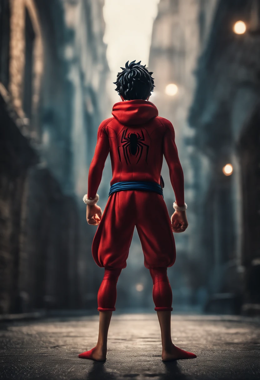 Realistic, detailed, Luffy one piece, wearing Spiderman suit, standing, full body