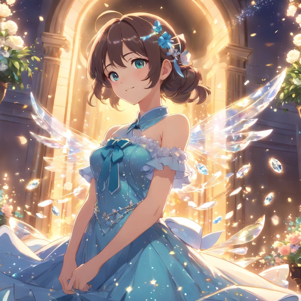 Dramatic composition, Court-style dress, royal, Gorgeous, Cascading frills, Ruffles, the bow, Crystal chandeliers, Roman curly hairstyle, Bonet, Tie-in a double ponytail like a drill, Look at the camera, bangs, Maximalism, Palatial background, Delicate depiction of hair and eyes, Princess dress, Gorgeous dress, Flowers in hand, ssmile, Starry eyes, Cinematic light, Extreme detail, High definition, Happy girl, Very long hair, diamonds, Broken diamonds, Crystal fragments, Light particles