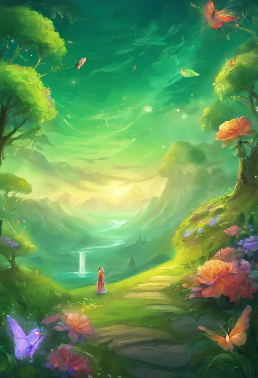 Lichun text as the main body，In the background are budding flowers waiting to be placed，Green predominantly，golondrinas，Leaves，Green meadow，Little children playing in the distance