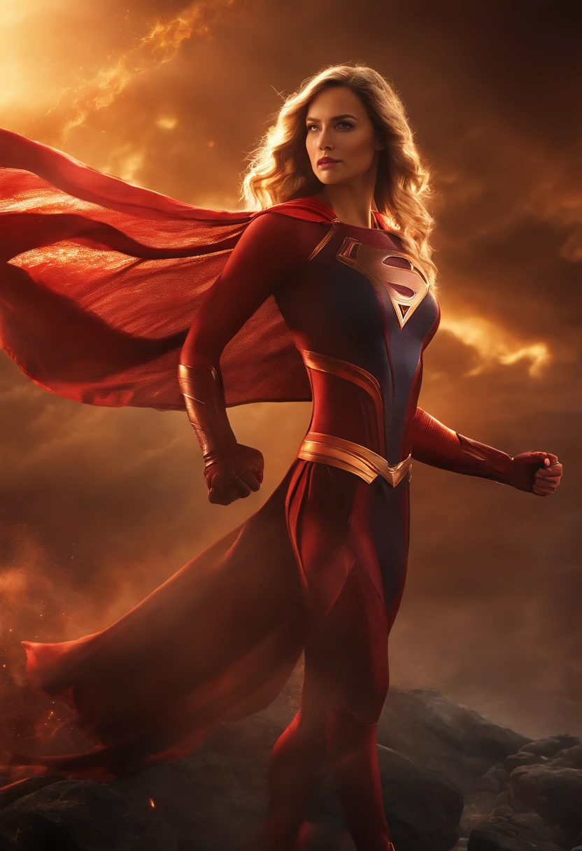 (melhor qualidade,4k,8k,Altas,master part:1.2),ultra-detalhado, Realistic,Physically-based rendering,studio lighting,(cores vibrantes,paleta de cores rica),(dynamic compositing,Pose sedutora),(dramatic atmosphere,Clima de suspense),(powerful superhero,confiante e forte),belos olhos detalhados,beautiful detailed lips,long eyelashes,Cabo Fluindo, logotipo brilhante, Supergirl in action, voando no ar, Sobrevoando o horizonte da cidade, Fundo Urbano, postura heroica, Determined expression, energia intensa, intense power, velocidade emocionante, Traje elegante, cores vermelhas e douradas vibrantes, dynamic motion blur, epic battle scene, Explosions, Electrifying power, proteger os inocentes, inspiring hope, Salvando o dia, extraordinary strength, undefeatable, Iconic superhero, majestic presence, beleza sobrenatural, Aura brilhante, Breathtaking superheroine, inspiring presence, lutador habilidoso, movimentos graciosos, comportamento legal e colecionado, Inspiring symbol of justice, Lighthouse of Hope, symbol of female empowerment and resilience, arte cativante, texturas detalhadas, meticulous attention to detail, pintado com maestria, produzido profissionalmente, visualmente deslumbrante, inspiring composition, visualmente impressionante, extraordinary technique, arte de classe mundial, qualidade excepcional, Obra-prima transcendente.