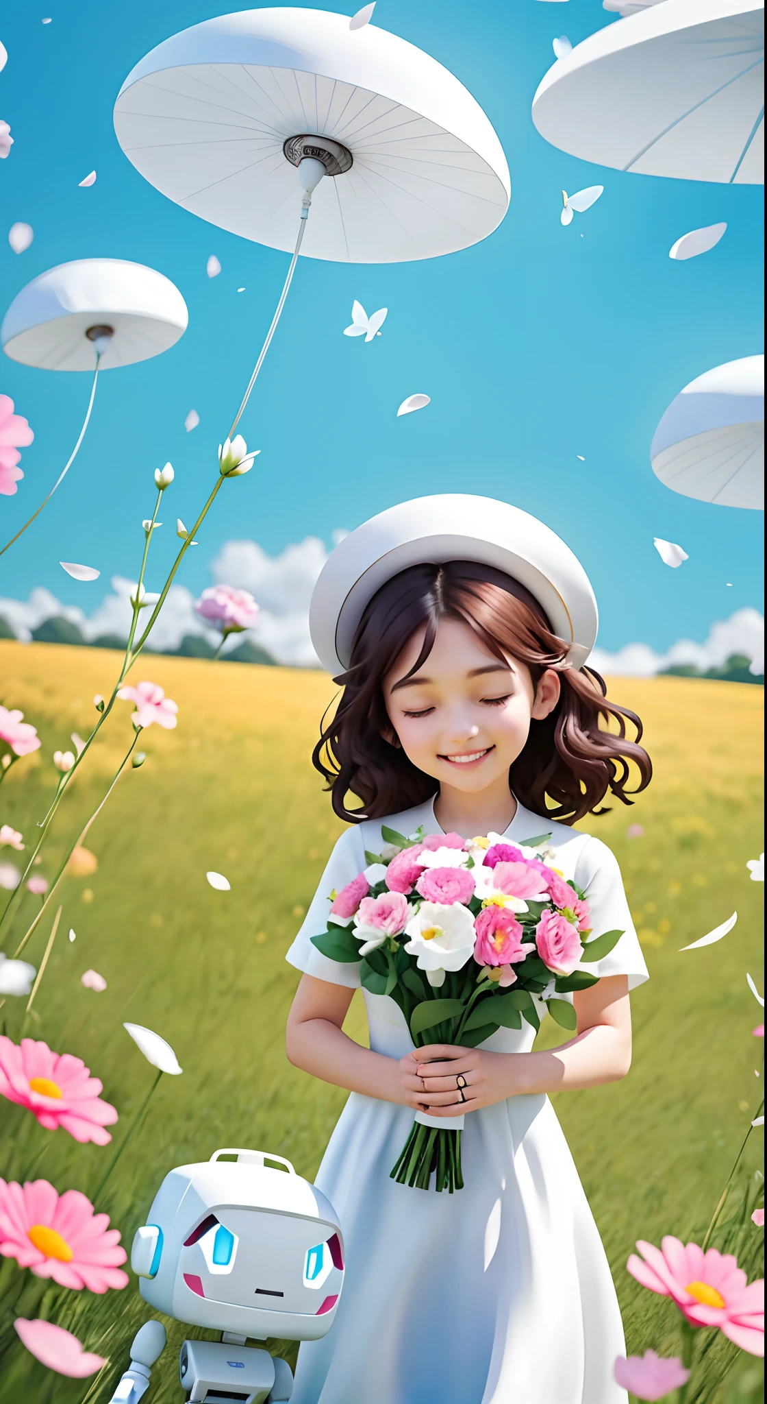 girl with curly hair,long hair girl,(No hats),(Girls don't have hats),white dresses,Girl in white dress without hat holding a bouquet of flowers with her eyes closed,The girl with her eyes closed smiles,(Close your eyes),ssmile,(There is a small white robot nearby),(white robot),digitial painting, Holding flowers, holding magic flowers, grassy fields,blue-sky,Fluttering petals,realisticlying,Ultra photo realsisim,by Atey Ghailan, Inspired by Atey ghailan, Detailed digital art, , number art, atey ghailan 8 k, Happy girl, 🌺 Zhongguang Society
Wait for it to start