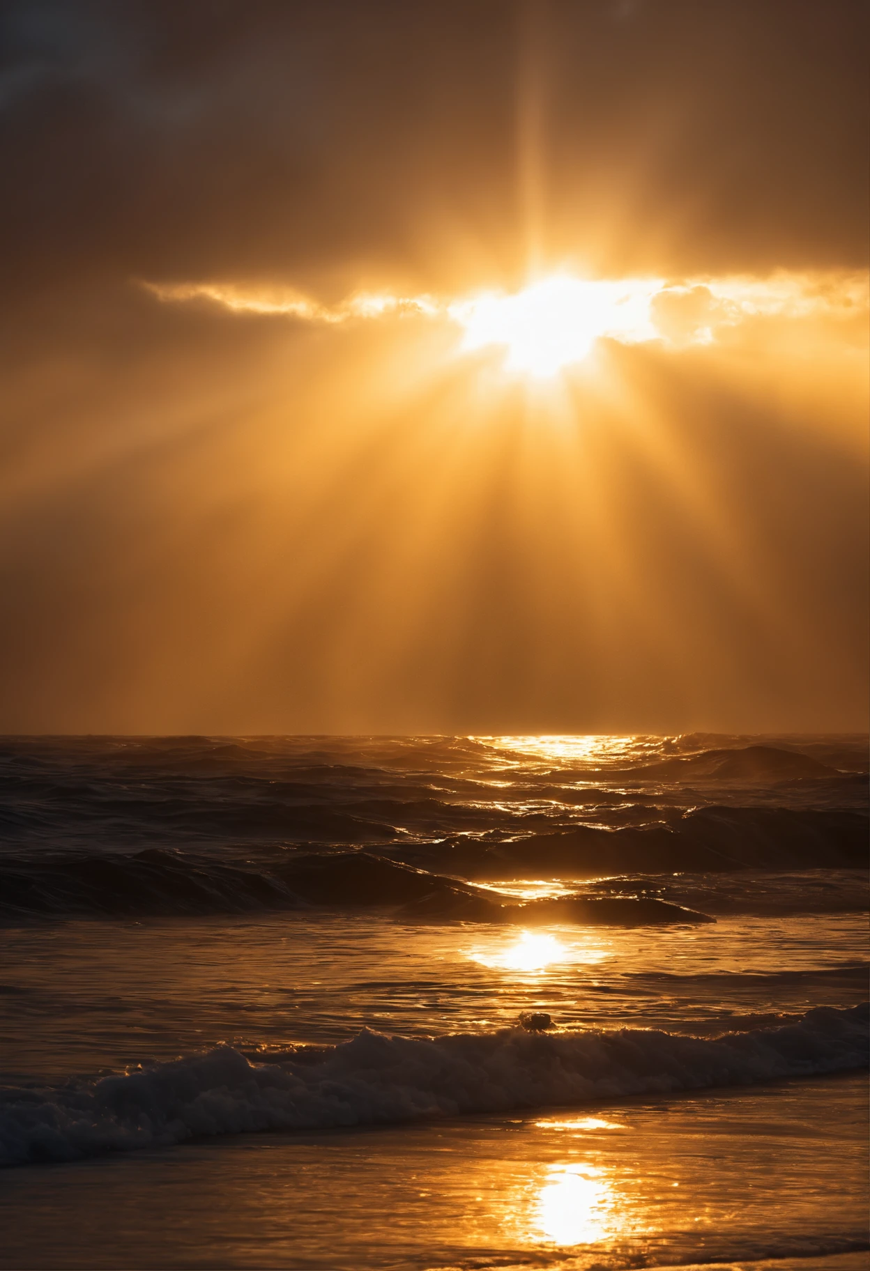 The sun shines through the clouds and the sea,Rocks and waves, God Sun Rays, Divine rays shining from above, Sunlight breaks through the clouds, Divine Rays, Luz Divina, Divine Rays, The sun's rays between the clouds, Highly detailed divine rays, Light coming from above, Sacred rays, God Light, God Light, God - Ray、kosmos