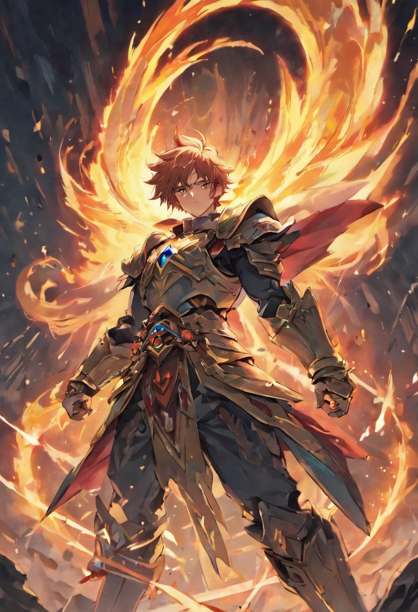 Anime drawing of a knight with a sword and thunder on his back, Thunderbolt summons armor, Dragon Knight, ruler of inferno, the god of chaos, electrical arcs, the sky with clouds, The legendary god holds a giant hammer, fire demon, multiple flames, A dazzling-looking mech, beautiful male god of death, yugioh art style, drachenlord