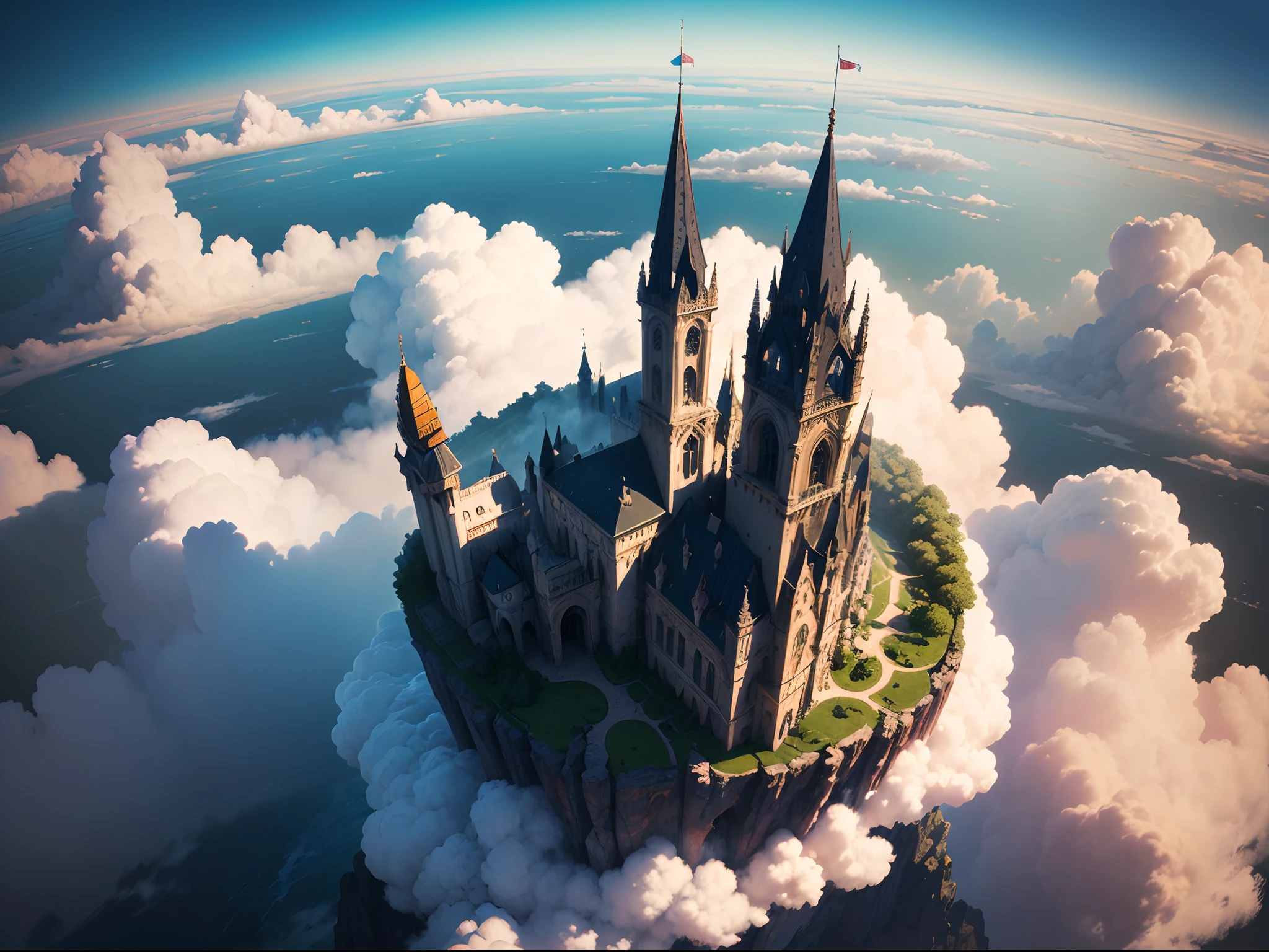 the world above the cloud, a fantasy world filled with magic, cloud, blue skies, magic, clouds over the land, (masterpiece:1.3), (vibrant:1.2), (flawless art:1.2), highly detailed, High quality, Highres