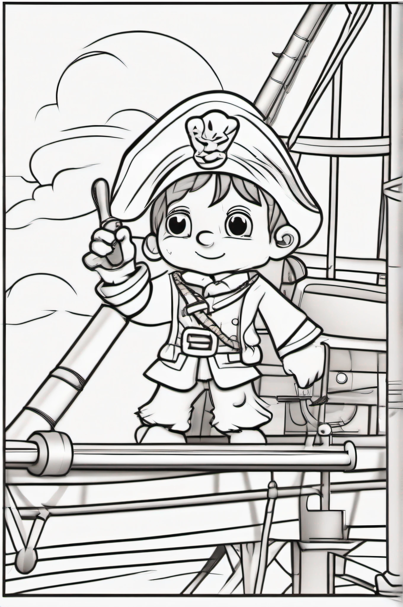 create a coloring page A KIDS, a pirate looking through his spyglass from the top of the ship's mast, cartoon style, thick lines, low detail IMAGE, no shadow, white BACKGROUND, WHITE borders on image.