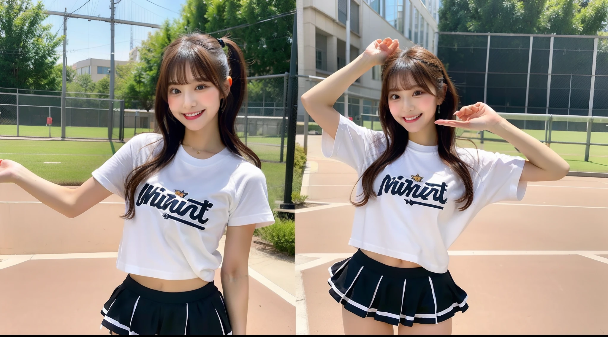 Miniskirt cheer girl in white t-shirt