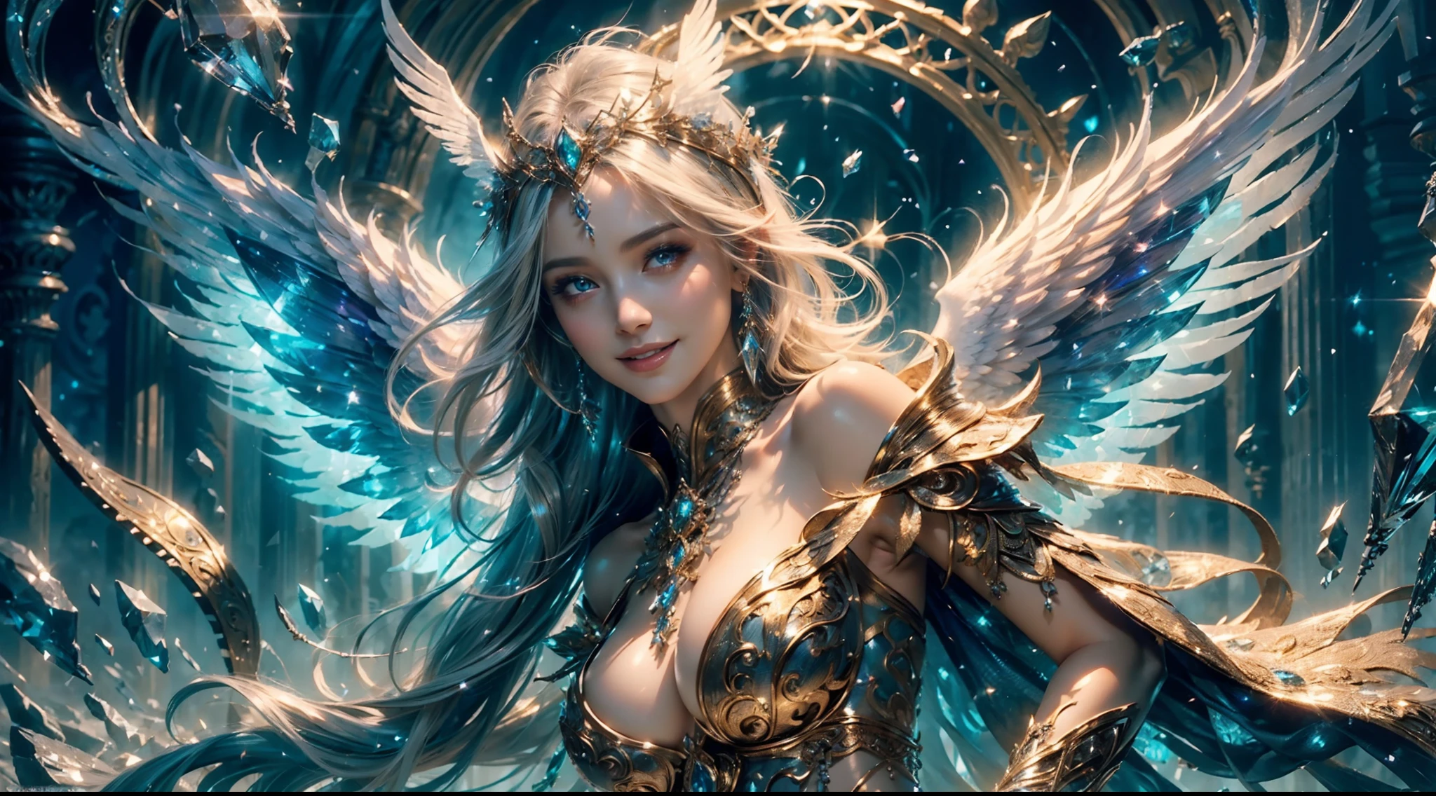 (Smile:1.3), Female angel, Angel wings, Large breasts，Complex surface details, Crystalcore, Bejeweled, Delicate close-up dress, Highly detailed fantasy characters, Amazing community, intricately ornamented, detailed fantasy digital art,