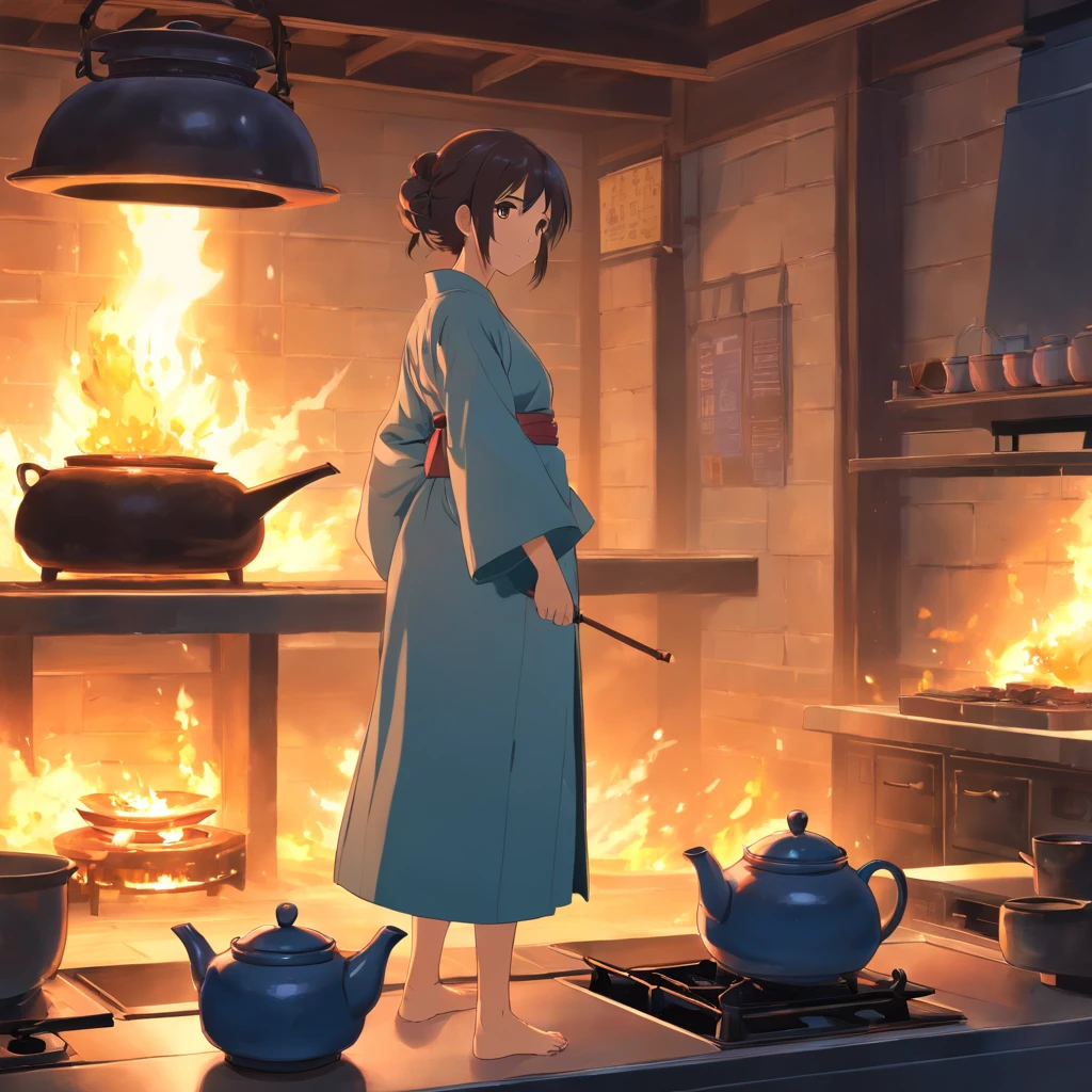 Anime girl in Hanfu standing next to a teapot, Boiling a teapot over a charcoal fire on the stove, Side Body,stove,charcoal fire,teapot,Replace the verse "Stand with me at dusk when you are free.",The stove smiled and asked the porridge to be warm!" to the picture