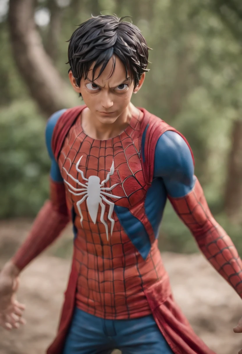 Realistic, detailed, Luffy one piece, wearing Spiderman suit, standing