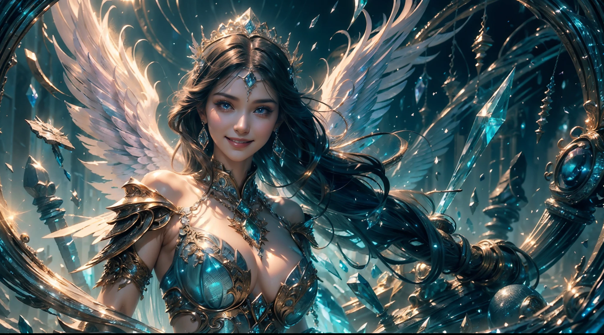 (Smile:1.3), Female angel, Angel wings, Large breasts，Complex surface details, Crystalcore, Bejeweled, Delicate close-up dress, Highly detailed fantasy characters, Amazing community, intricately ornamented, detailed fantasy digital art,