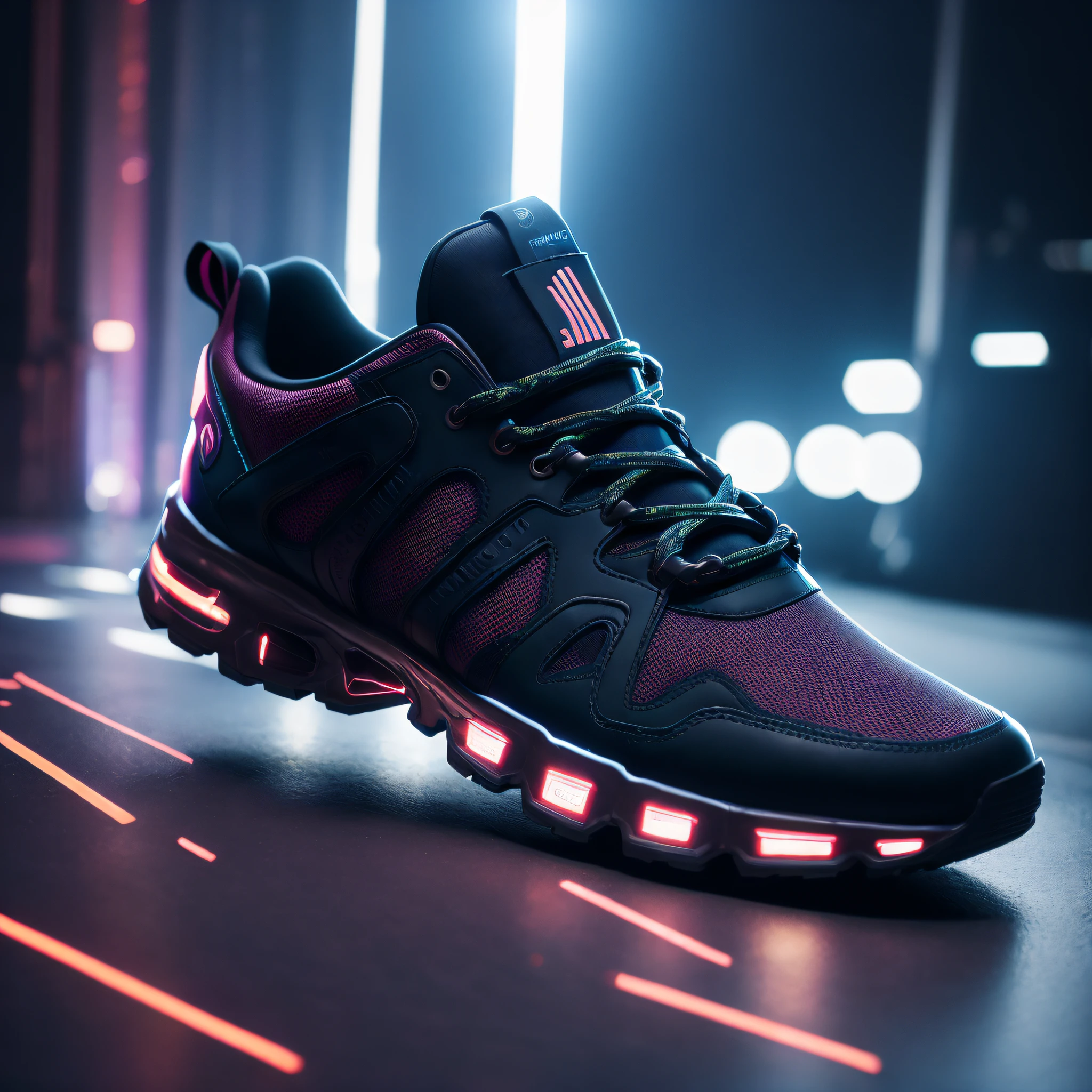 product photography of a cybepunk sneakers, epic render, octane, atmosphere, particles, soft volumetric lights, (backlit:1.3), (cinematic:1.3), intricate details, (ArtStation:1.3)