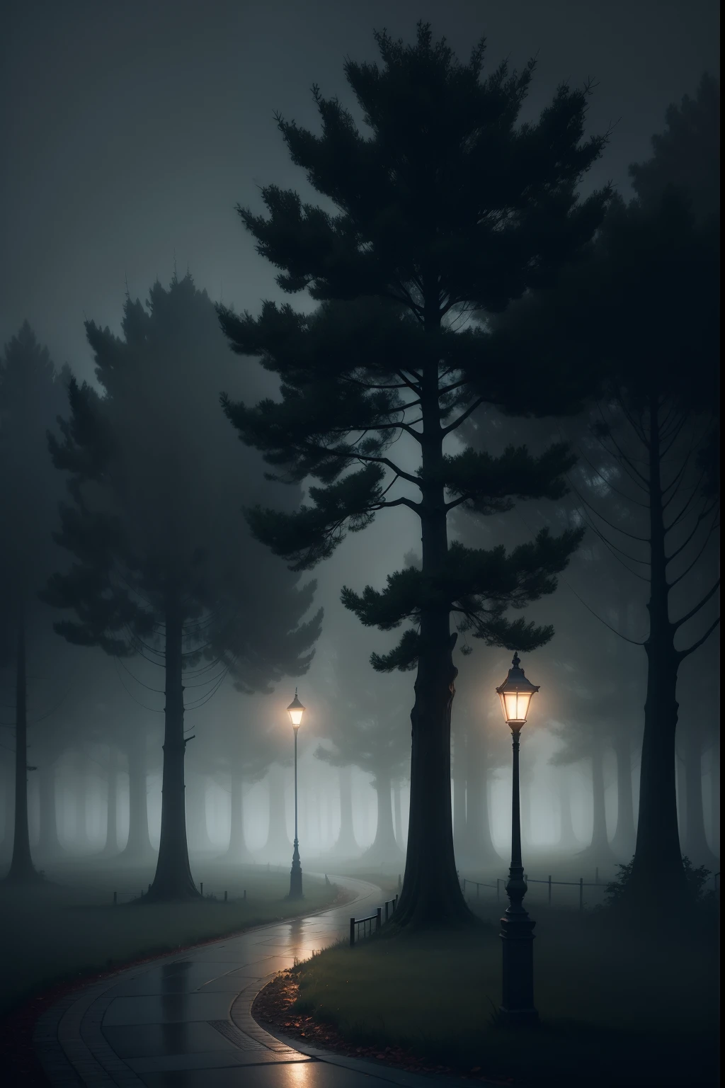 trees in a park with a street light and a foggy sky, fantasy atmospheric lighting, gothic fog ambience, eerie atmospheric lighting, eerie atmosphere, volumetric lighting and fog, misty night, eerie lighting, midnight mist streetlights, a mystical misty glow, atmospheric fantasy setting, atmospheric. digital painting, volumetric fog and lighting, atmospheric eerie lighting, atmospheric fog and lighting
