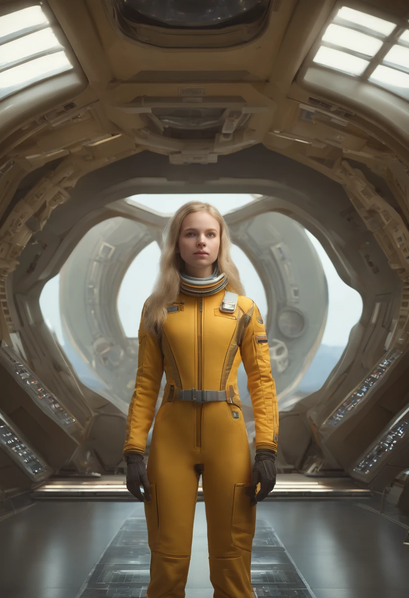 (young girl, 12 years old, blond hairbl, Photorealistic, Pale skin), (Yellow (Eyes:1.2)), (slim build:1.3), (Dream spacesuit), Beautiful face, Symmetrical face, greg rutkovsky, Volop and Sam Kuvhinov, (Long hair), Golden eyelashes, big irises, Large pupils, full bodyesbian, Standing against the background of the cosmodrome, art stations, 8K, Science fiction, Pastel colors, props, panel, conceito, Futuristic, greeble, simon stålenhag, space, In outer space, spaceship in the sky, Technology block