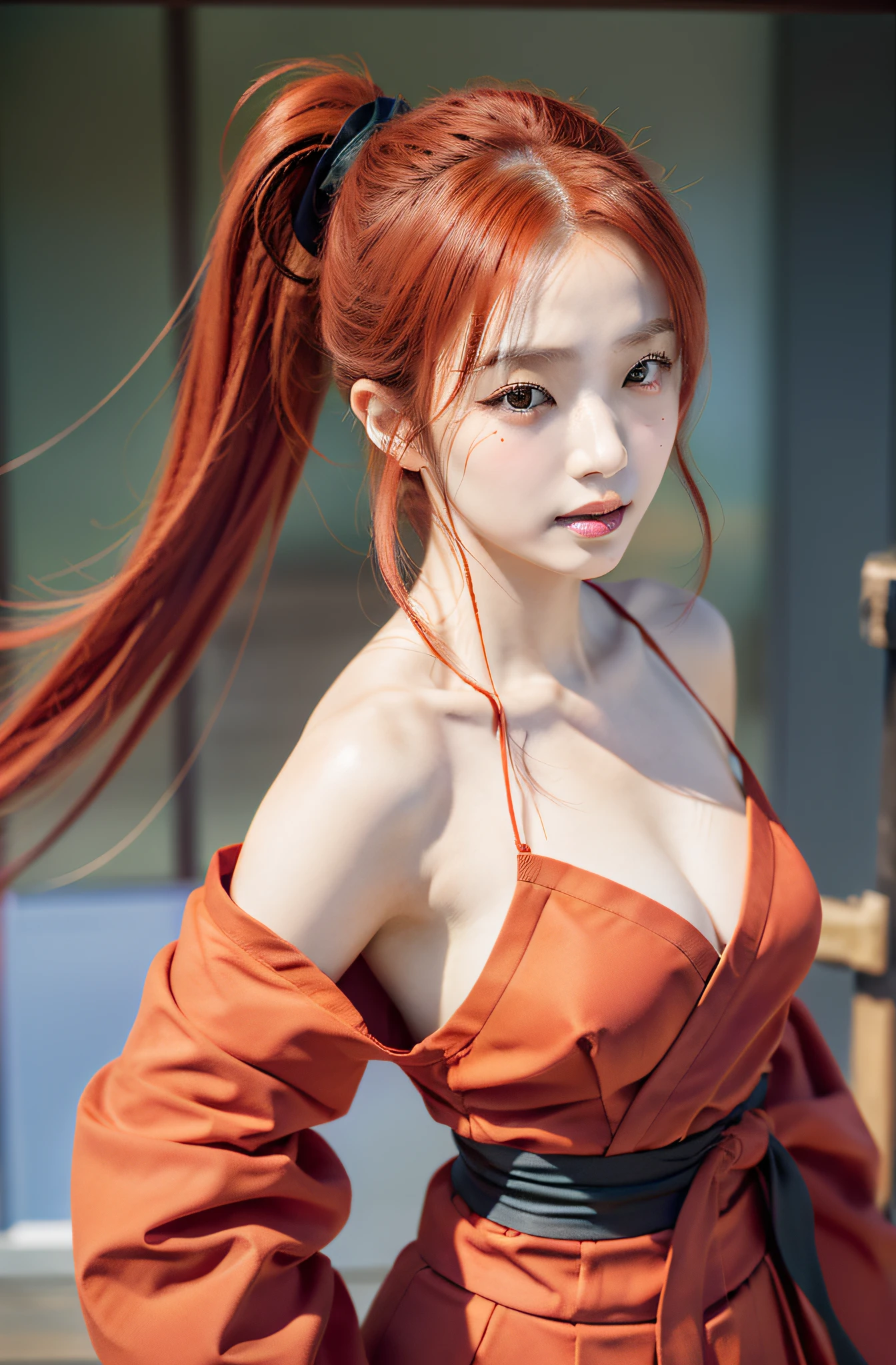 red hairs、red clothing、having katana、Create a photorealistic image of Ai Kamei cosplaying Kenshin Himura (Kenshin Ayamura) from a "Rurouni Kenshin." Be sure to capture the following details:
Cross-shaped scar on the left cheek
Her red hair was tied in a high ponytail
She should wear a loose red kimono
Gripping the sword of the reverse blade (Banba)
Her physique should be thin and lean
Her attitude should be calm and calm
Her eyes should be purple
She should be wearing a red hakama (Traditional pants)
Because Kenshin is typical、She must be barefoot
Make sure you have a characteristic X-shaped scar on the back of your left hand
Images must be photorealistic and of the highest quality, And Kamei Ai should be bright, White smile.
