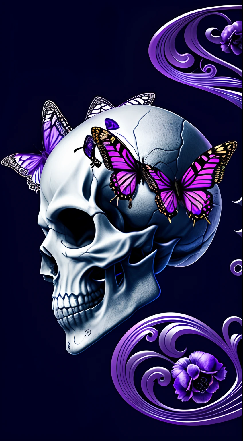 Purple and black photo of a skull with a butterfly, morphing skulls, fantasy skull, Sacred skull, Sacred skull, skull like, Metamorphosis, skelleton, SKULLS AROUND, with a crown of skulls, dark but detailed digital art, iphone wallpaper, Official artwork, skull design for a rock band, surrealistic digital artwork, Memorial Mori, Crystal skull, skulls