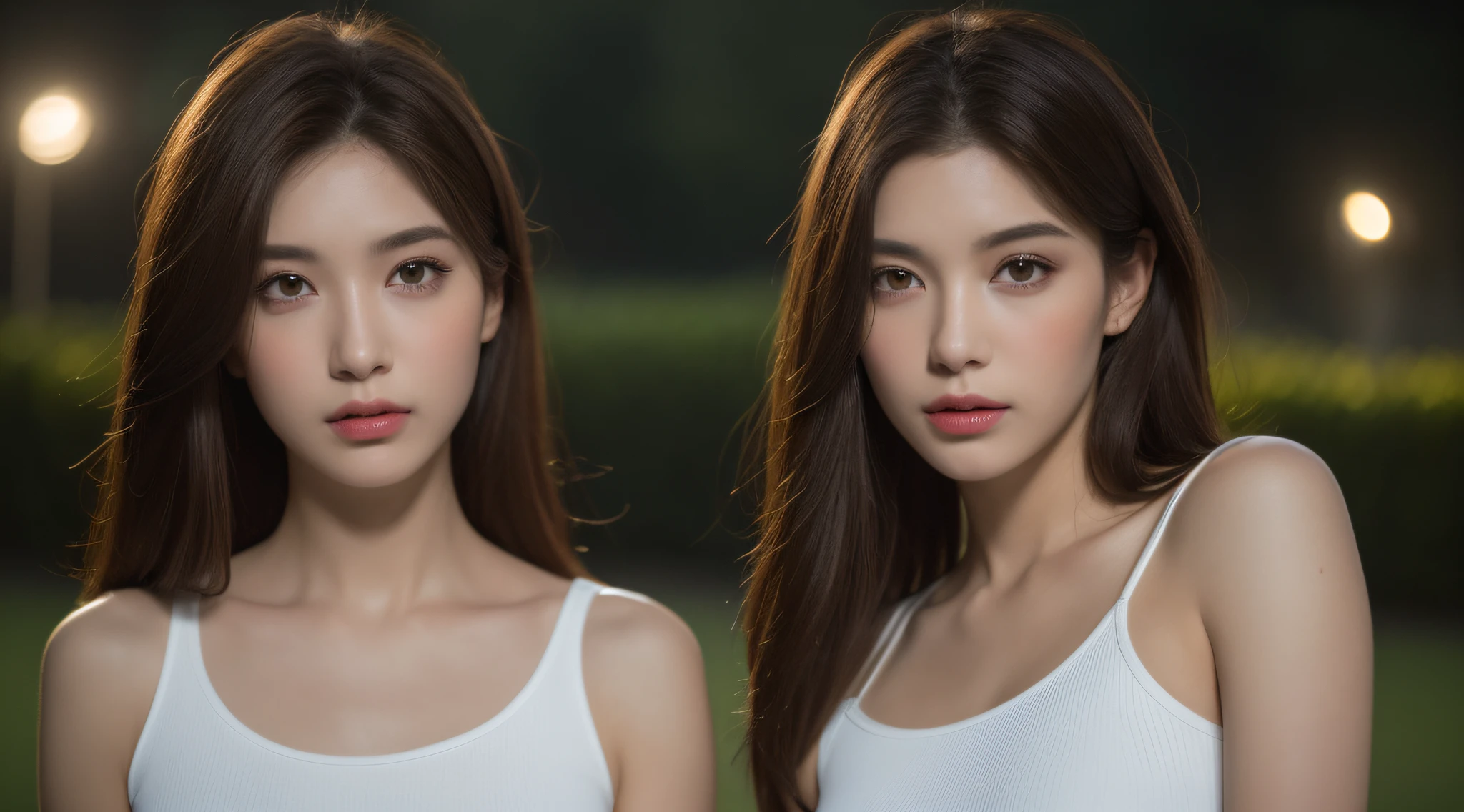 ((Realistic lighting, Best quality, 8K, Masterpiece: 1.3)), Clear focus: 1.2, 1girl, Perfect beauty: 1.4, Slim abs: 1.1, ((Dark brown hair)), (White crop top: 1.4), (Outdoor, Night: 1.1), Park view, Super fine face, Fine eyes, Double eyelids,