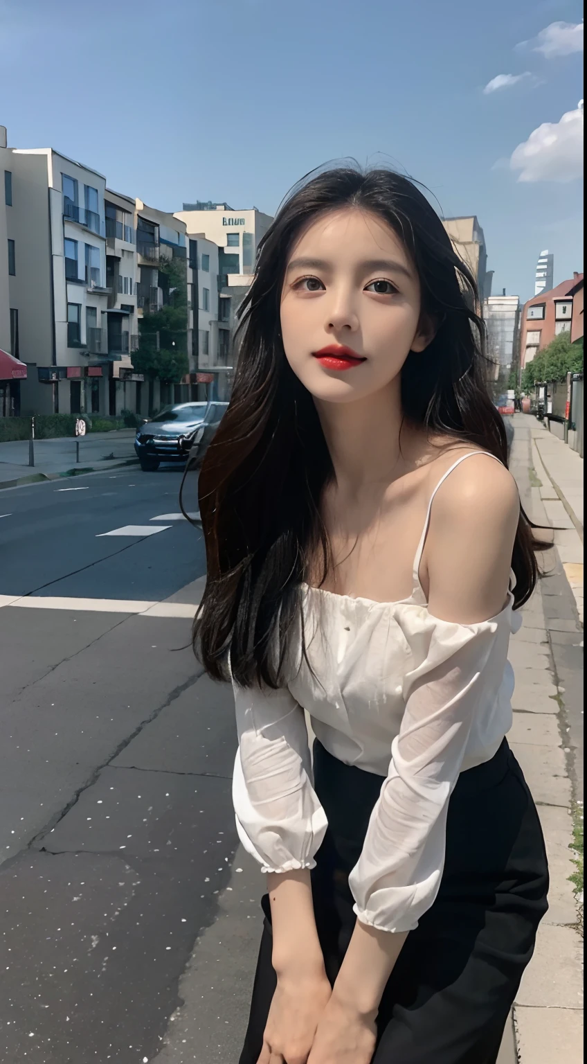 ((best qualtiy, 8K, tmasterpiece:1.3)), A beautiful post-80s middle-aged mother,Pure,Melon seed face,gentle and cute,A sweet smile,Pure desire,Thin stature,(frontage),staring right into camera,uniform, Obi, formal,Black silky long, Straight hair,Long hair flowing over the shoulders,round black big eyes,Clear big eyes,Hydrated red lips,Sweet,Stand by the road,with blue sky and white clouds,Blue skies,grassy fields,Buildings,Full body photo
