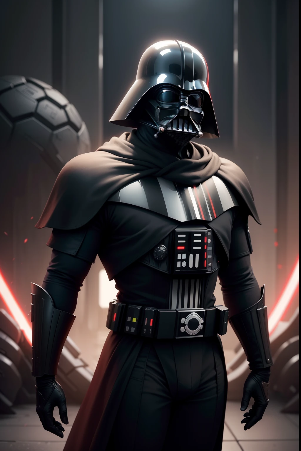 Um retrato sombrio do darth vader, he's standing, and it's on a planet with futuristic details, ao fundo buracos negros e naves espaciais, com o sabre de luz ligado na cor vermelha, Looking at the screen unrealistic style, 4k, artistic work