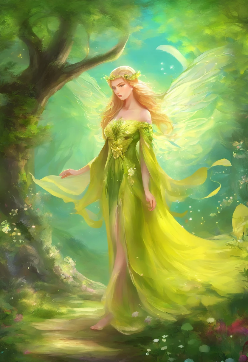 Spring has just begun，The background is a flower that has not bloomed，Yellow-green predominantly，golondrinas，The middle shoots are the main body，Green meadow，Playing children