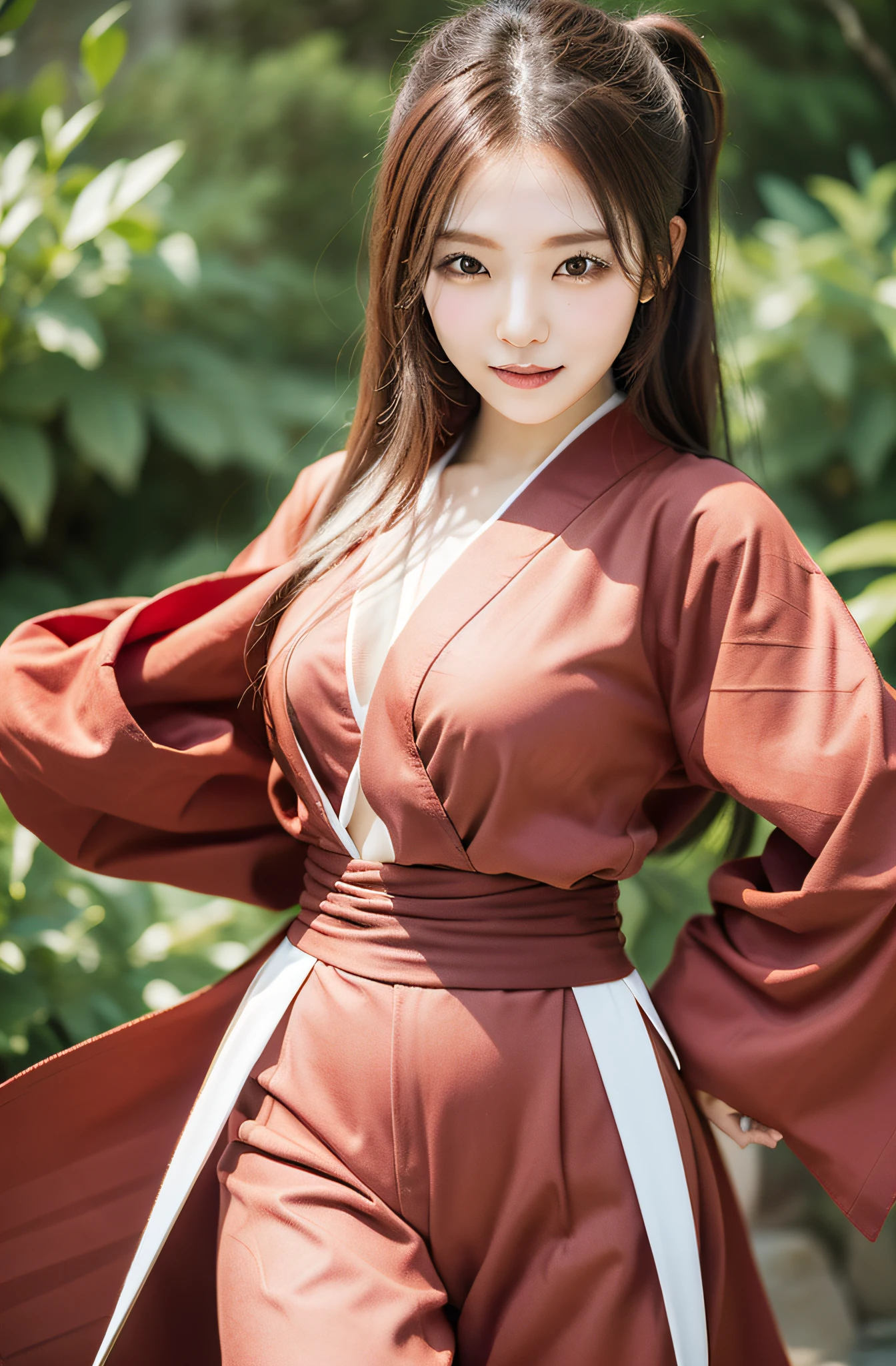 red hairs、red clothing、having katana、Create a photorealistic image of Ai Kamei cosplaying Kenshin Himura (Kenshin Ayamura) from a "Rurouni Kenshin." Be sure to capture the following details:
Cross-shaped scar on the left cheek
Her red hair was tied in a high ponytail
She should wear a loose red kimono
Gripping the sword of the reverse blade (Banba)
Her physique should be thin and lean
Her attitude should be calm and calm
Her eyes should be purple
She should be wearing a red hakama (Traditional pants)
Because Kenshin is typical、She must be barefoot
Make sure you have a characteristic X-shaped scar on the back of your left hand
Images must be photorealistic and of the highest quality, And Kamei Ai should be bright, White smile.
