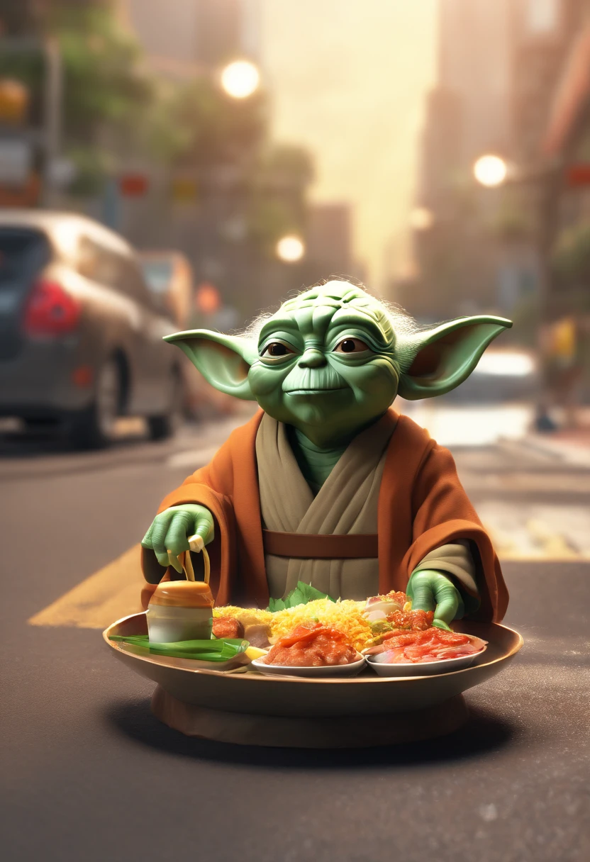 Yoda selling nasi lemak on the road