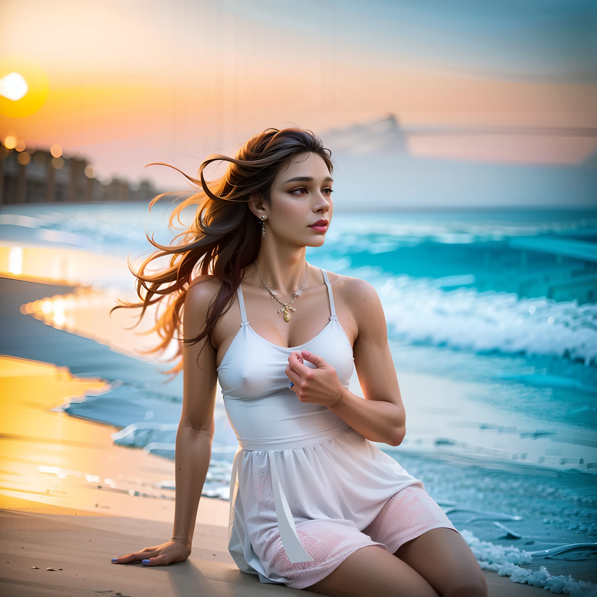 Mulher fazendo yoga,  bonita, Beautiful woman wearing gym clothes, Mulher jovem ocidental linda, modelo bonito da meninana modelta, on the beach at sunset, menina nova, meninente, tapete a, meditation , cabelos cacheados, cabelos cache