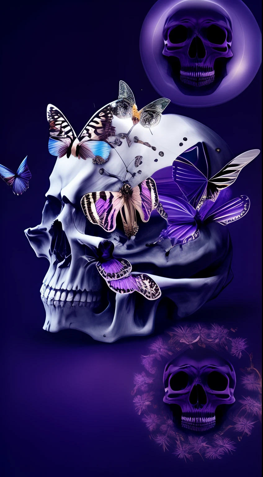 Purple and black photo of a skull with a butterfly, morphing skulls, fantasy skull, Sacred skull, Sacred skull, skull like, Metamorphosis, skelleton, SKULLS AROUND, with a crown of skulls, iphone wallpaper, dark but detailed digital art, Official artwork, skull design for a rock band, surrealistic digital artwork, Memorial Mori, Crystal skull, skulls,A flock of butterflies lying on a skull