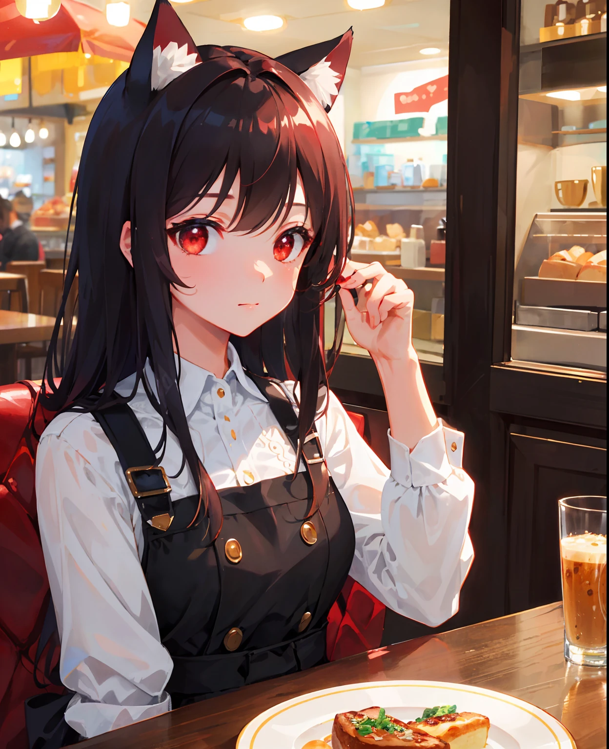 (masterpiece), (best quality), (intricate_details:1.1), (finely detailed:1.4), (distinct_image:1.2), (cafe background), solo girl, cute, (face focus), shiny red eyes/black hair, cat ears, vine, smooth lighting, shirt,