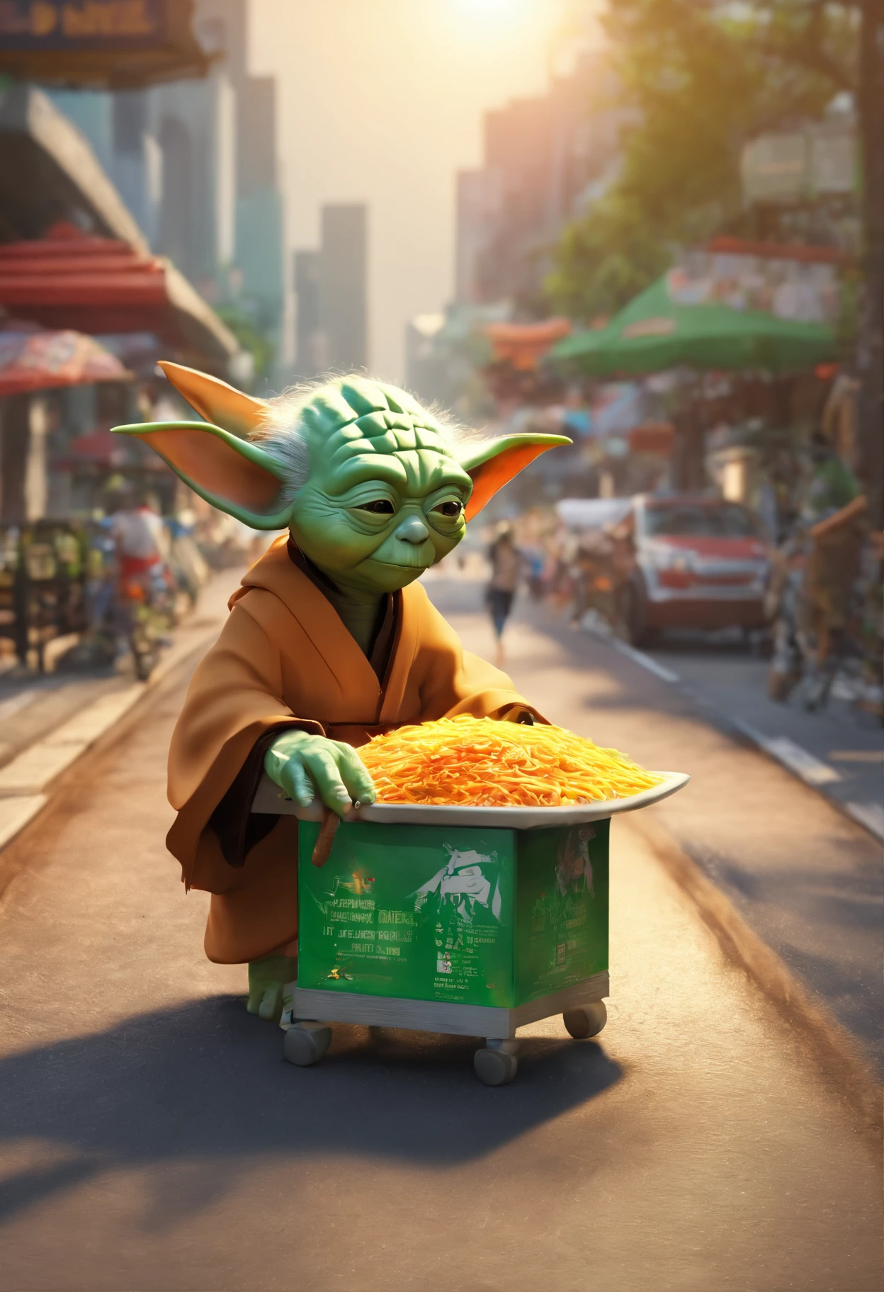 Yoda selling nasi lemak on the road