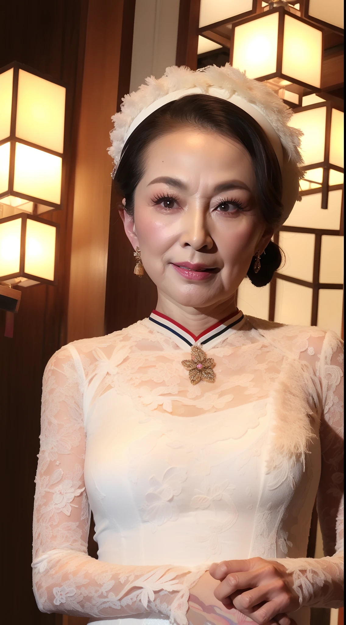 gravure, from the chest up, masutepiece, Best Quality, Ultra-detailed, Photorealistic, super detailed skin, Perfect Anatomy, (1 Chinese), (Solo), 80years old, Saggy udder, Fancy makeup, Chinese actress, glamor, A sexy, Chromo-white skin, Looking at Viewer