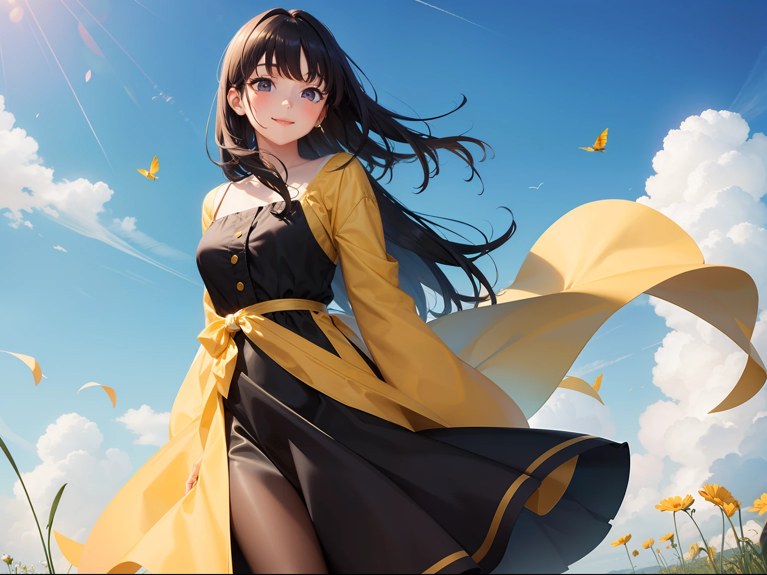 Pretty girl A dark-haired Long Black eyes a smile Cosmos field Long yellow and brown dress flutters in the wind blue-sky
