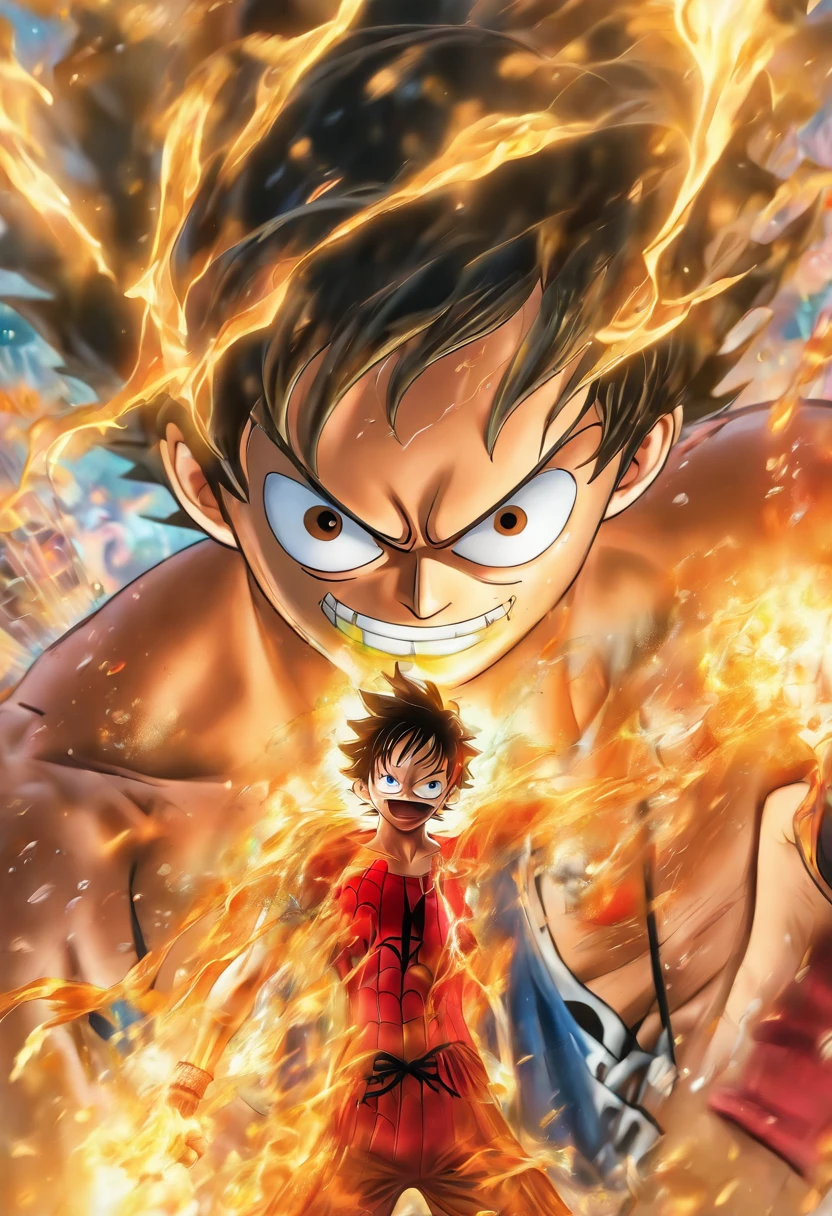 Realistic, detailed, Luffy one piece, wearing Spiderman suit, standing,