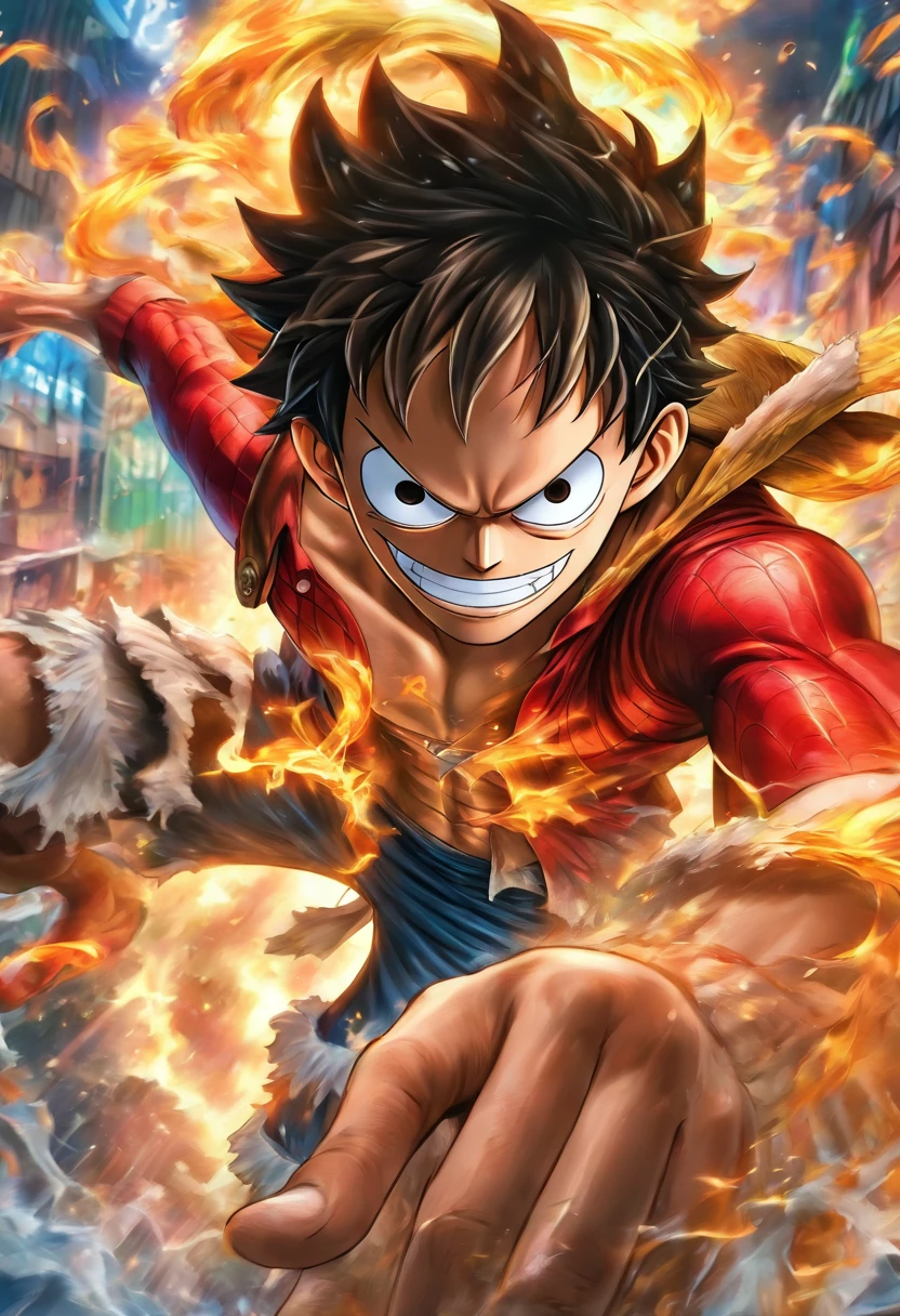 Realistic, detailed, Luffy one piece, wearing Spiderman suit, standing,