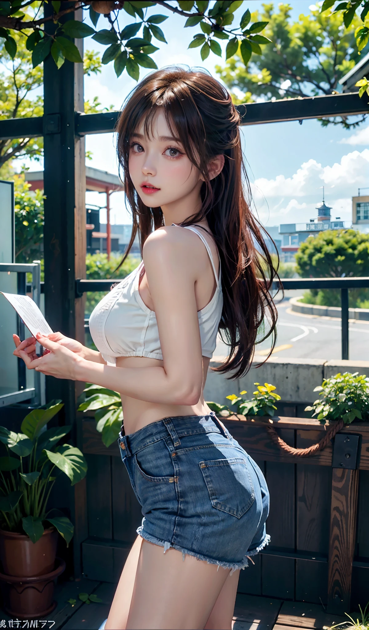 (((Shoot from a low angle below)))、(((White denim、White denim shorts、Pink silk fabric、Denim wrinkled and lifted、The display tray is lifted.、Lift your shorts yourself、White sport shorts)))、(((Panties can be seen through the gaps in the shorts)))、(((long leges))),White vest、ultra - detailed、tmasterpiece、top-quality、超A high resolution、8K、high-level image quality、Photogenic clarity、Live action、A detailed eye、gradients、perfect anatomy body proportions ,hdd、NFFSW , Nikon Z9 80mm lens 、masutepiece、Detailed panty pattern、Detailed and clear panty pattern、Bright sunlight and natural light、Crowds in the city、The beautiful bust seems to overflow、Beautiful pointed areola,,,,、Her eyes sparkled.、Brunette Bob hair、、Bright lips and lip gloss、